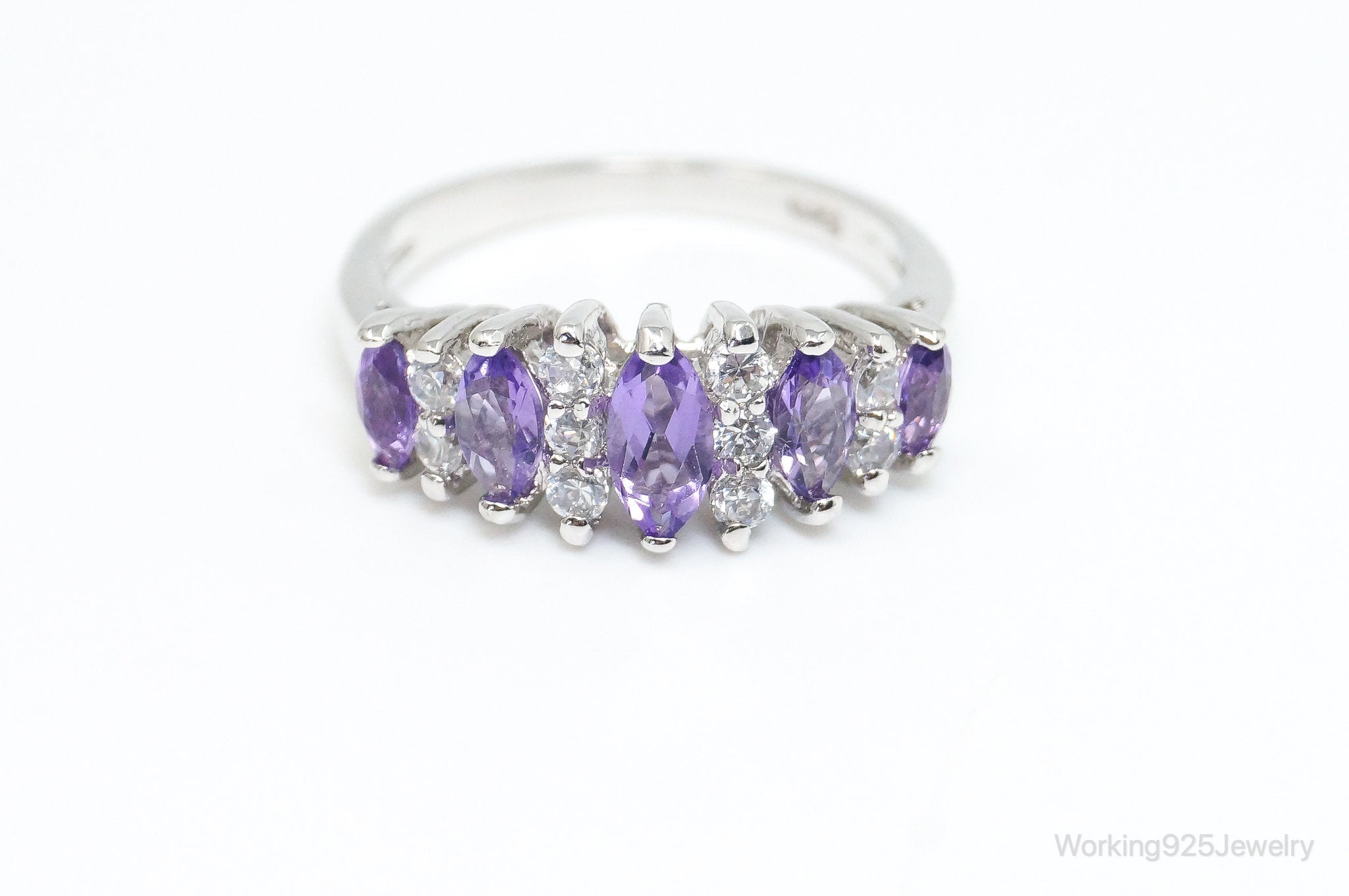 Vintage Art Deco Amethyst Cubic Zirconia Sterling Silver Ring - SZ 5.25