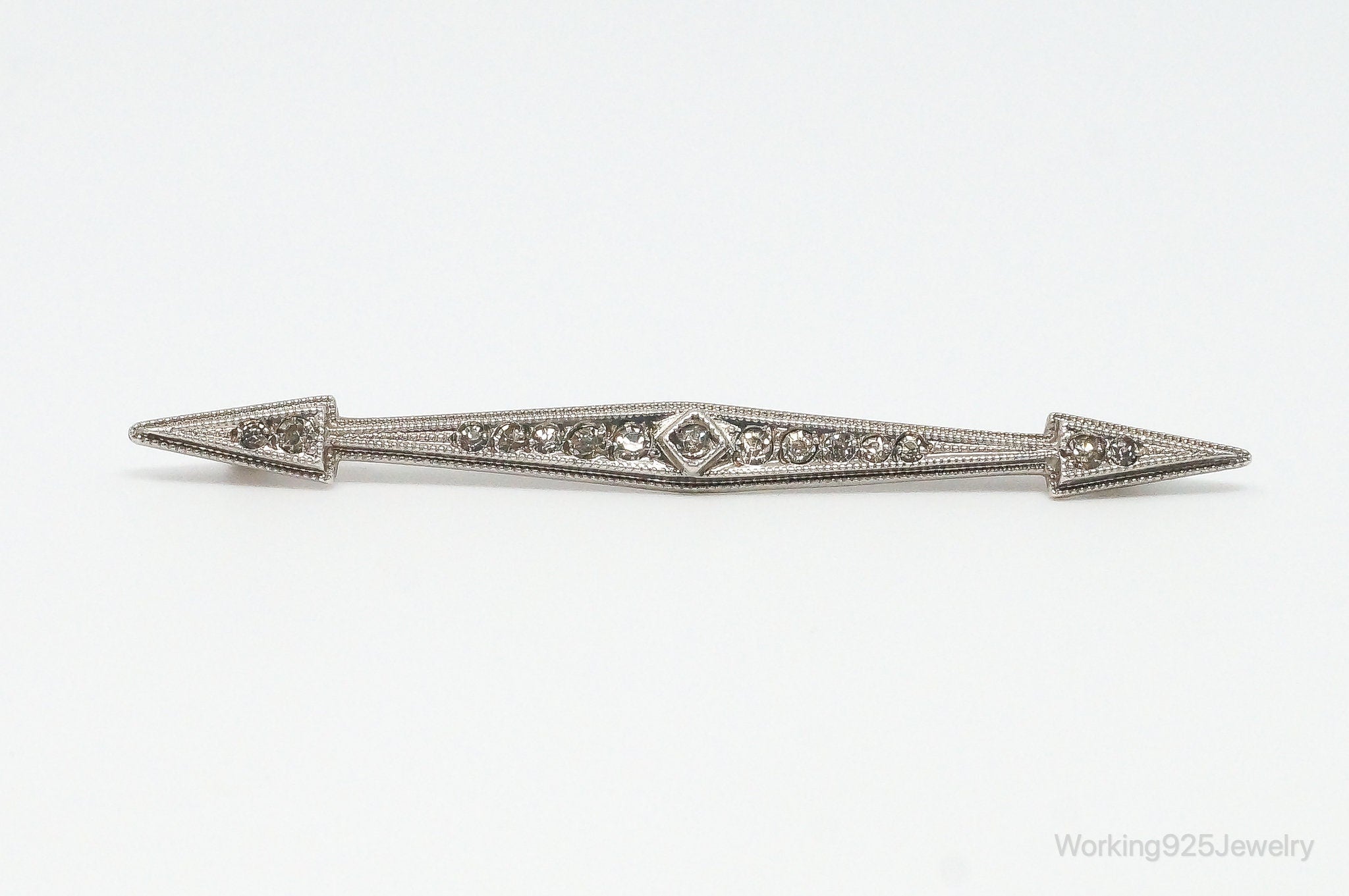 Antique Designer Cubic Zirconia Sterling Silver Brooch Pin Bar