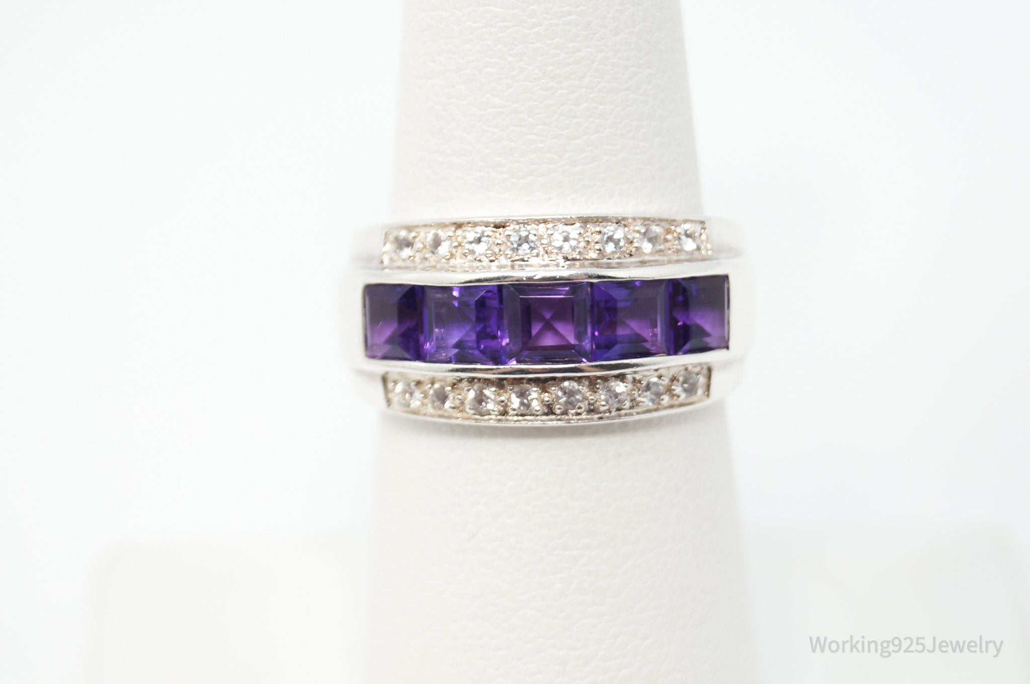 Vintage Art Deco Amethyst Cubic Zirconia Sterling Silver Ring - Sz 6.75