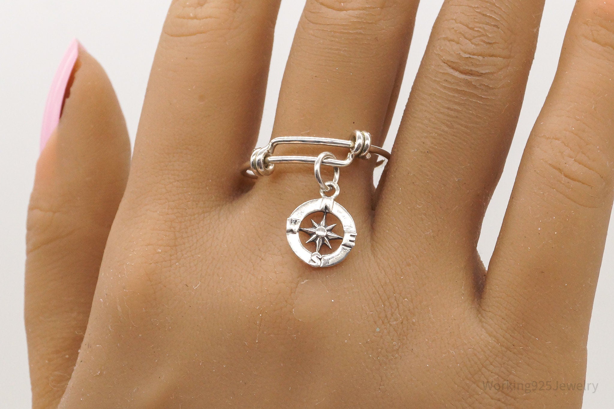 Vintage Compass Charm Sterling Silver ring - 10 Adjustable