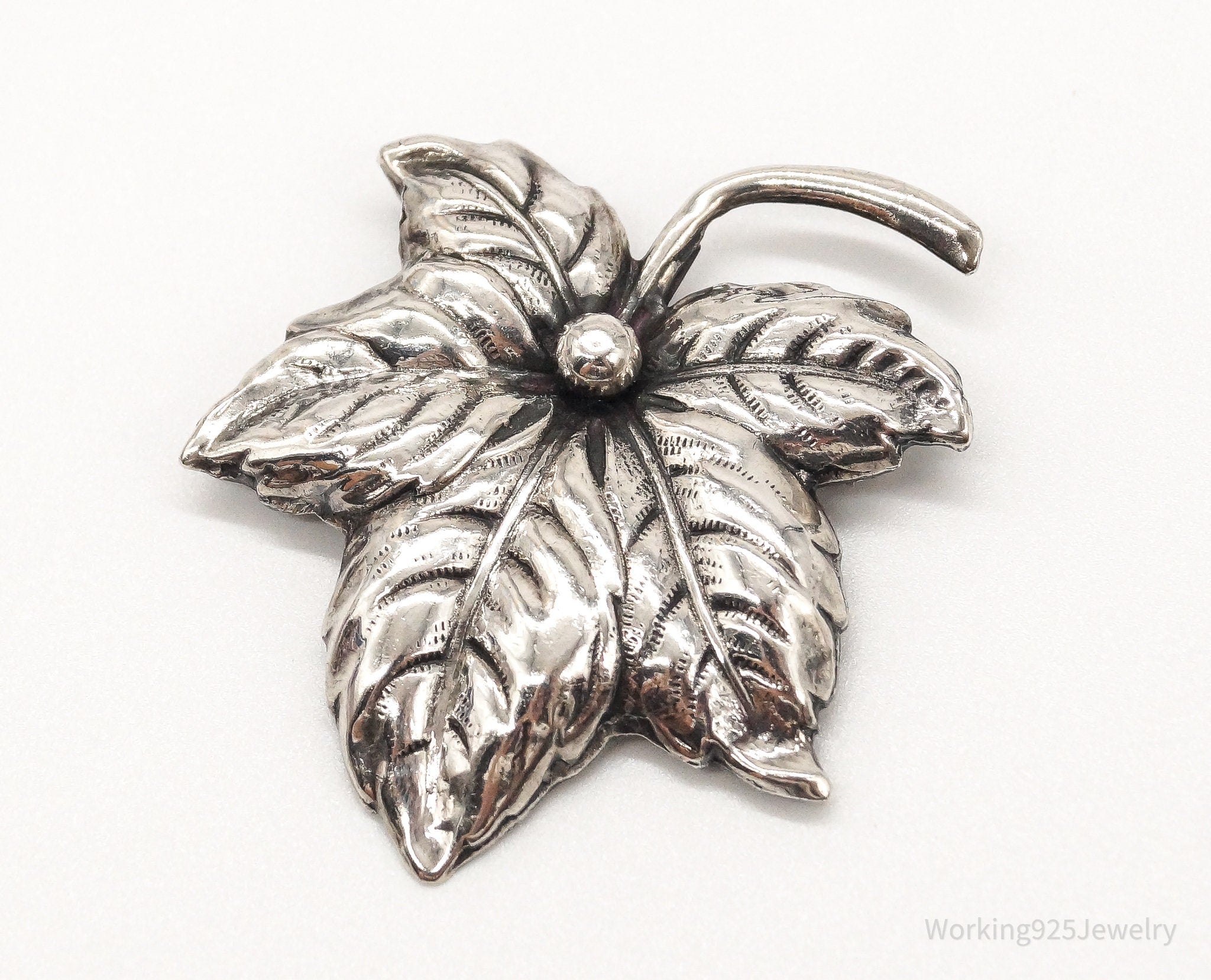 Large Antique Sterling Silver Leaf Pin Brooch