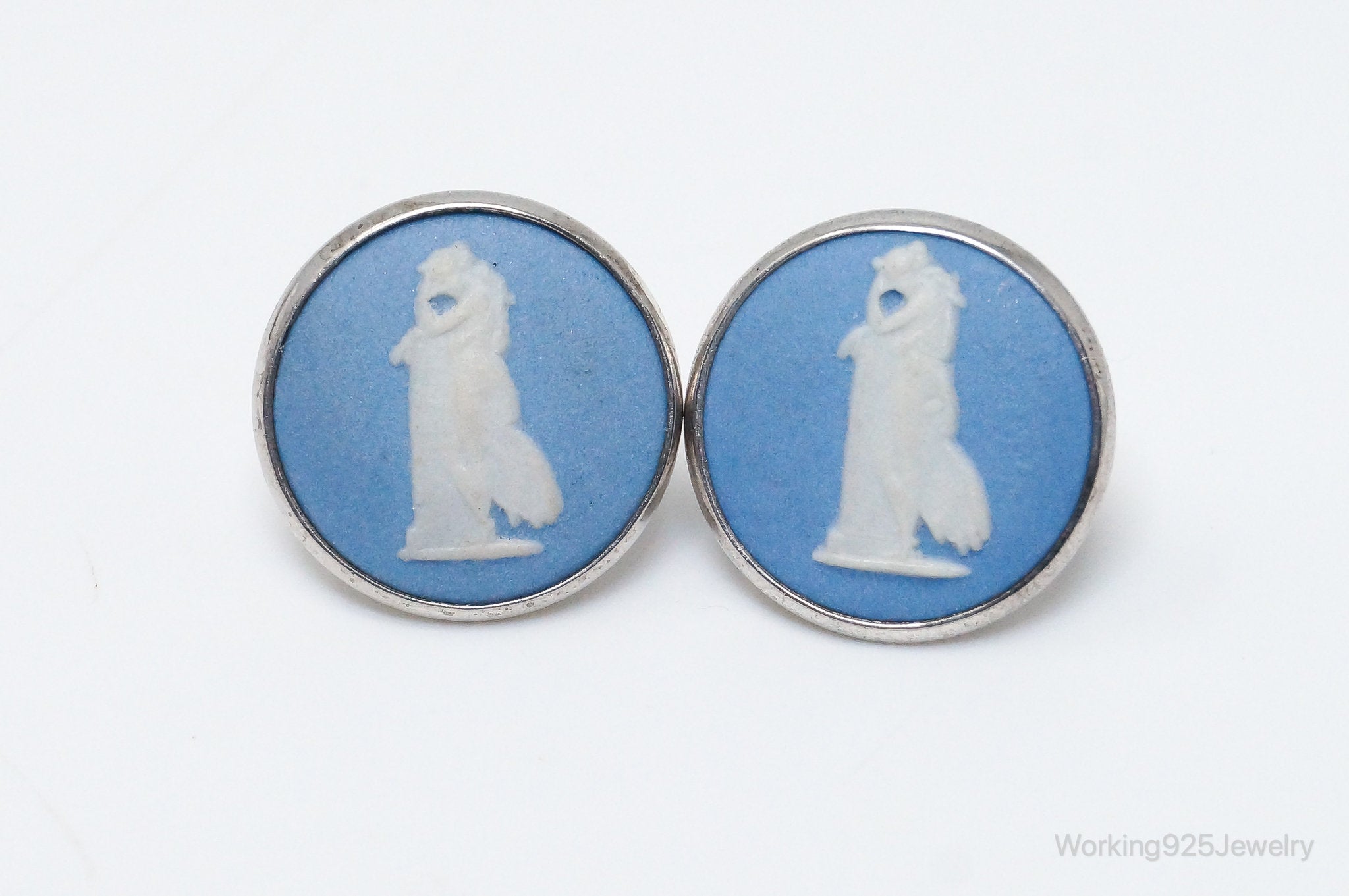 Vintage Designer Wedgewood Blue Jasperware Cameo FAW Silver Earrings