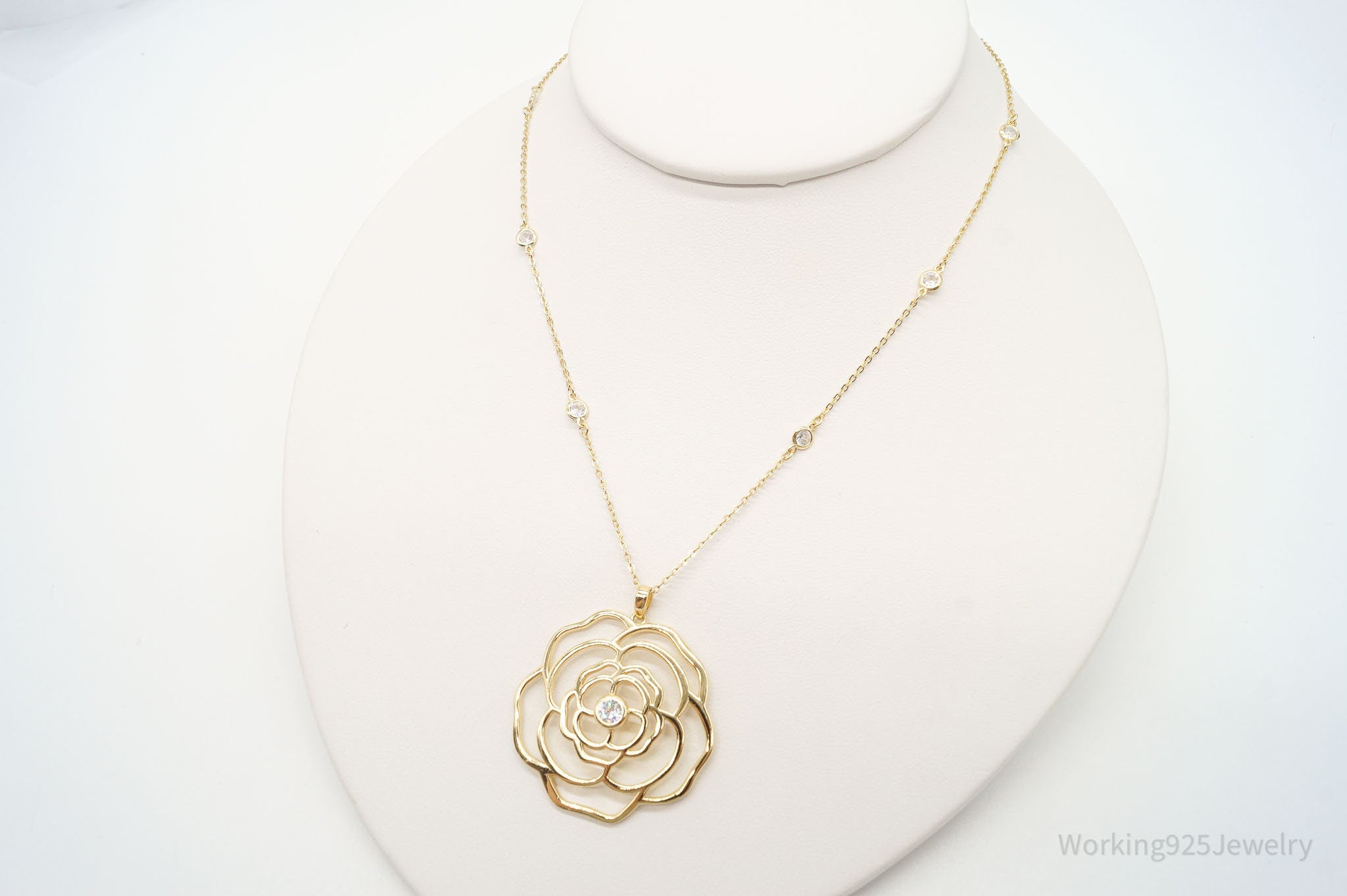 Vintage Cubic Zirconia Gold Vermeil Sterling Silver Flower Necklace 18"