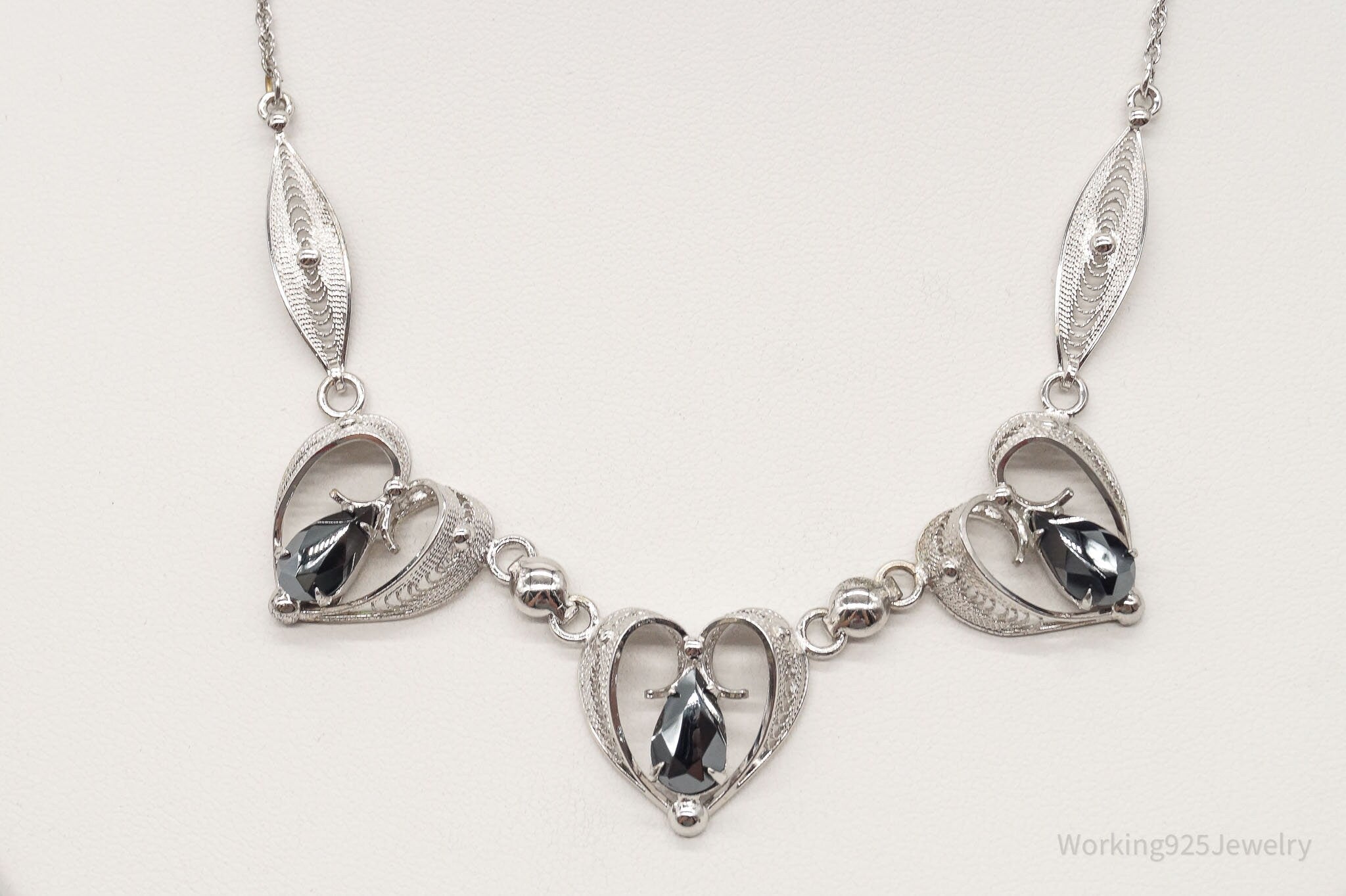 Vintage Designer Sorrento Hematite Filigree Hearts Sterling Silver Necklace