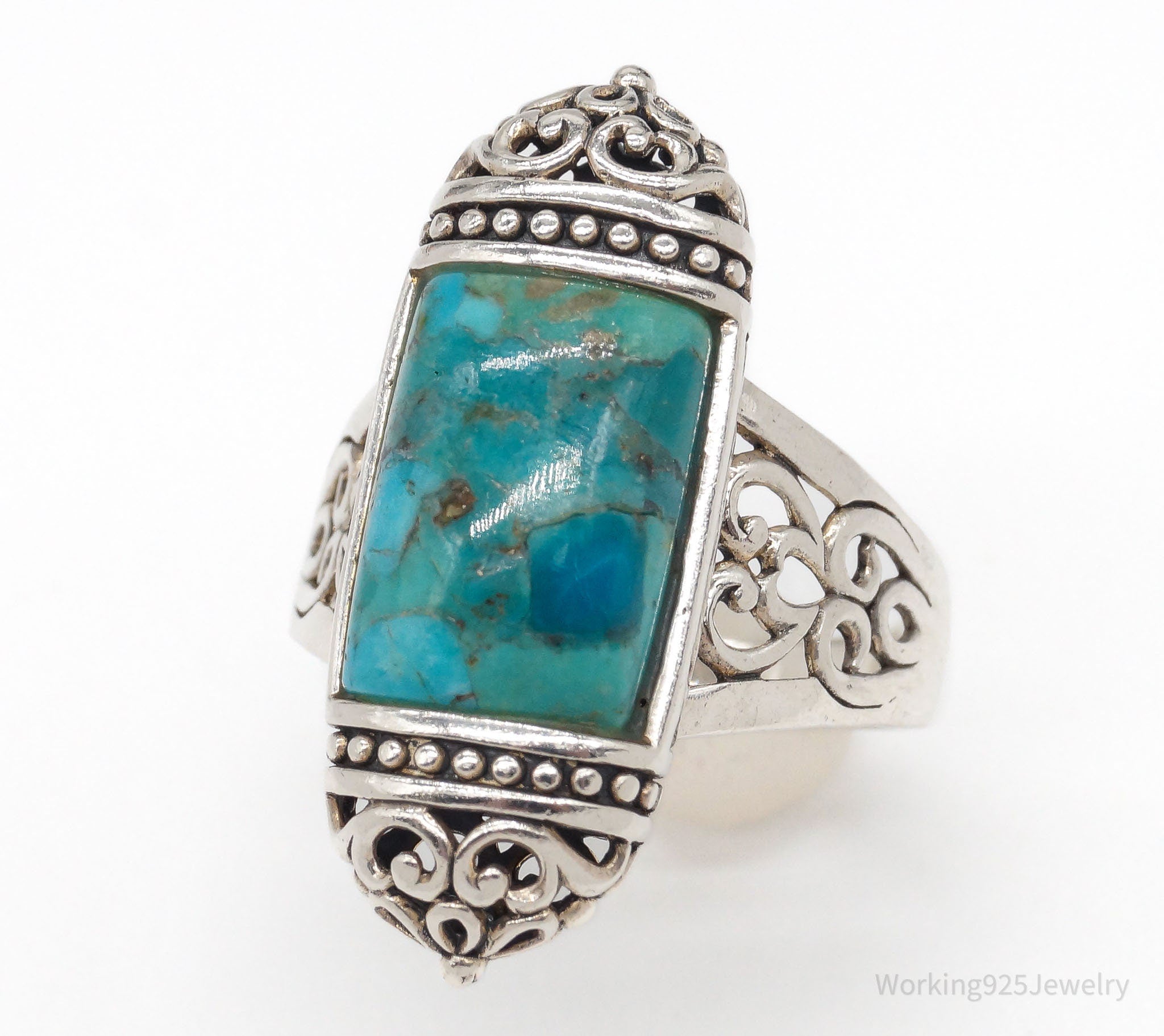 Designer BBJ Turquoise Filigree Sterling Silver Ring - Size 9.5