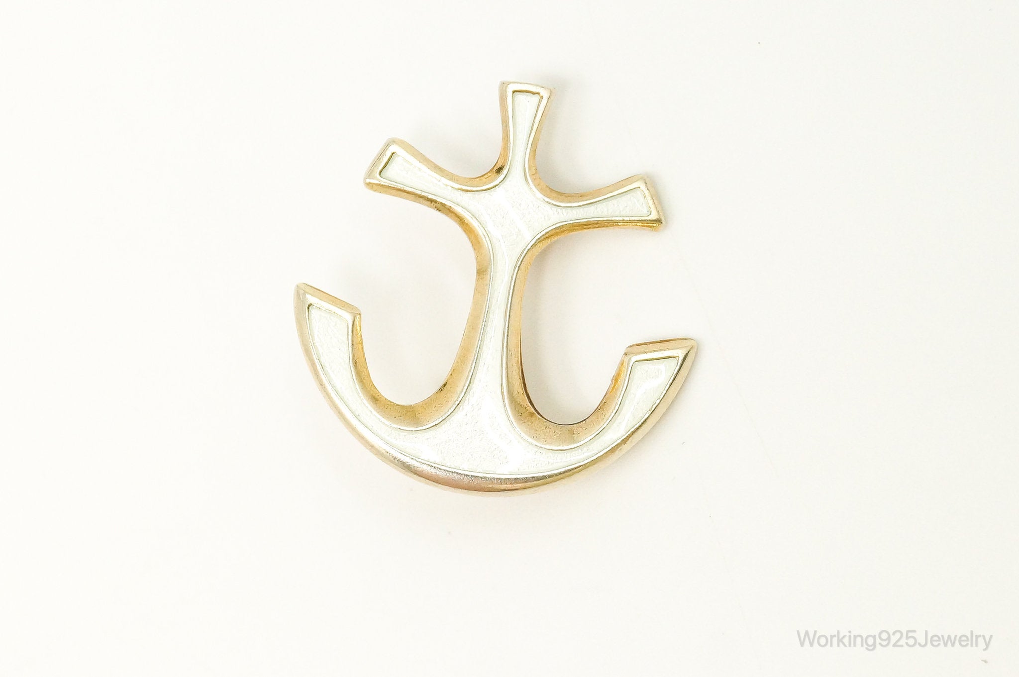 VTG David Andersen White Enamel Gold Vermeil Sterling Silver Anchor Brooch Pin