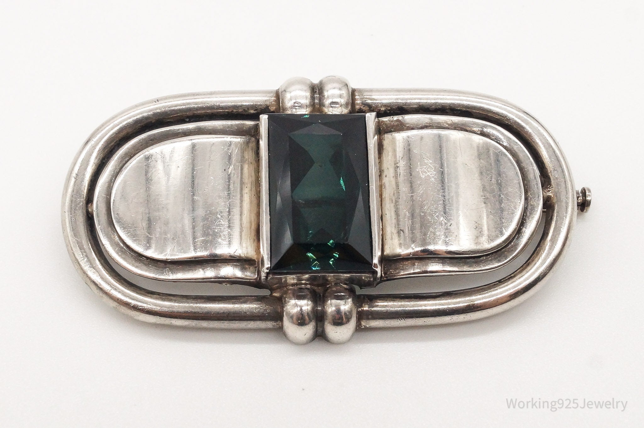 Vintage Green Stone Modernist Sterling Silver Brooch Pin