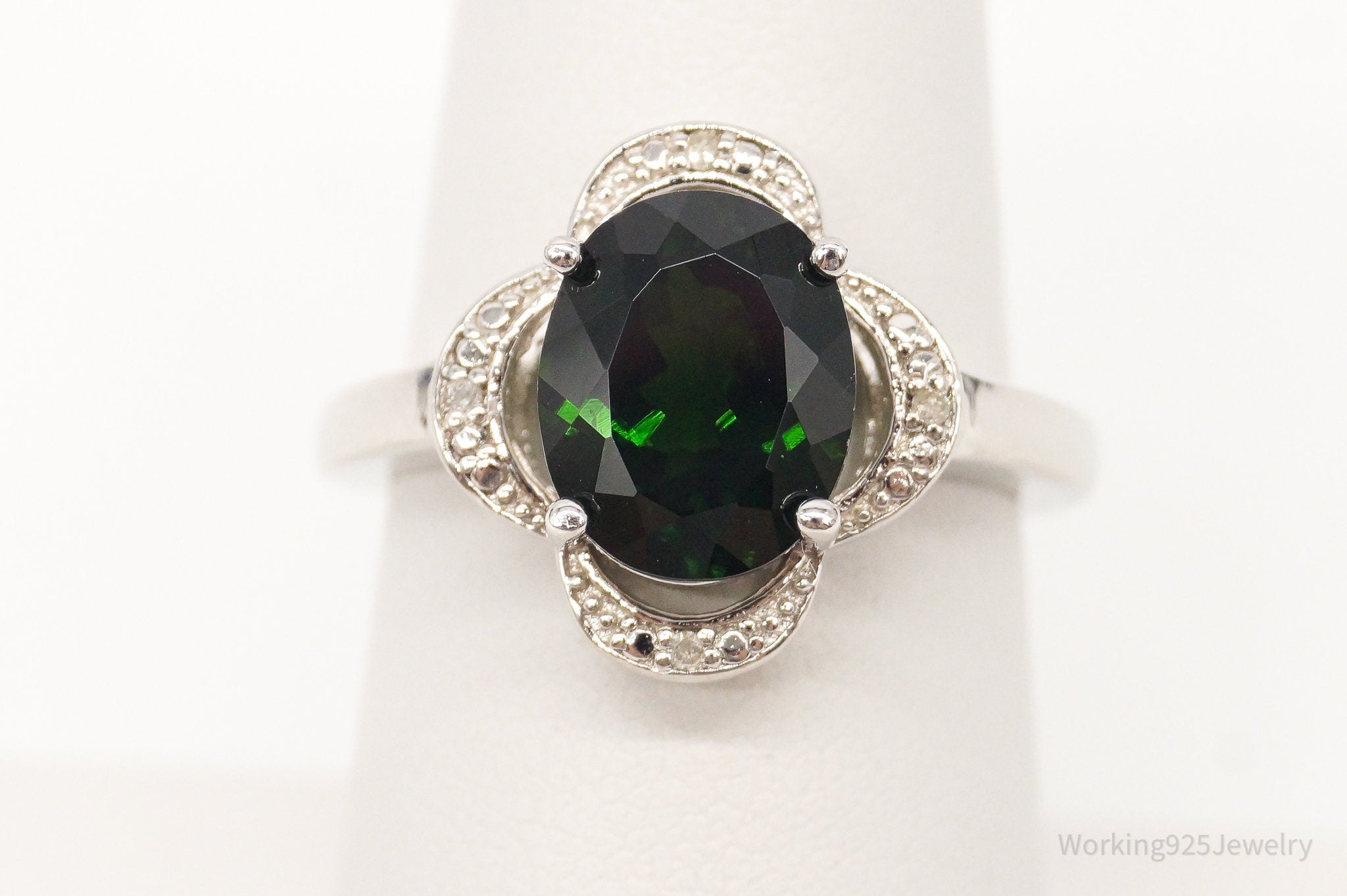 Vintage Designer BBJ Green Stone 4 Diamond Sterling Silver Ring - Size 6.75