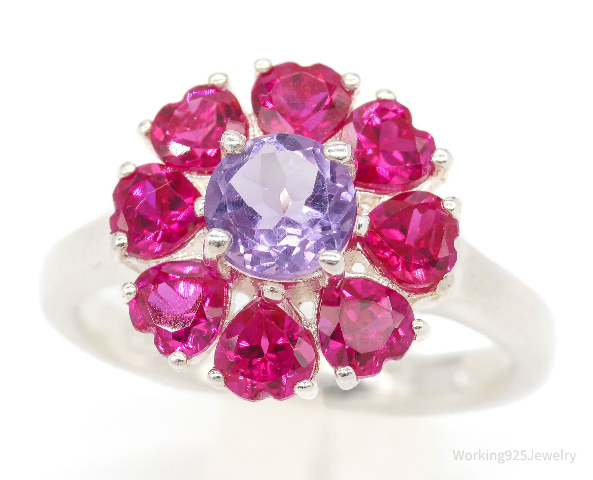 Vintage Amethyst Ruby Hearts Flower Sterling Silver Ring Size 8.75