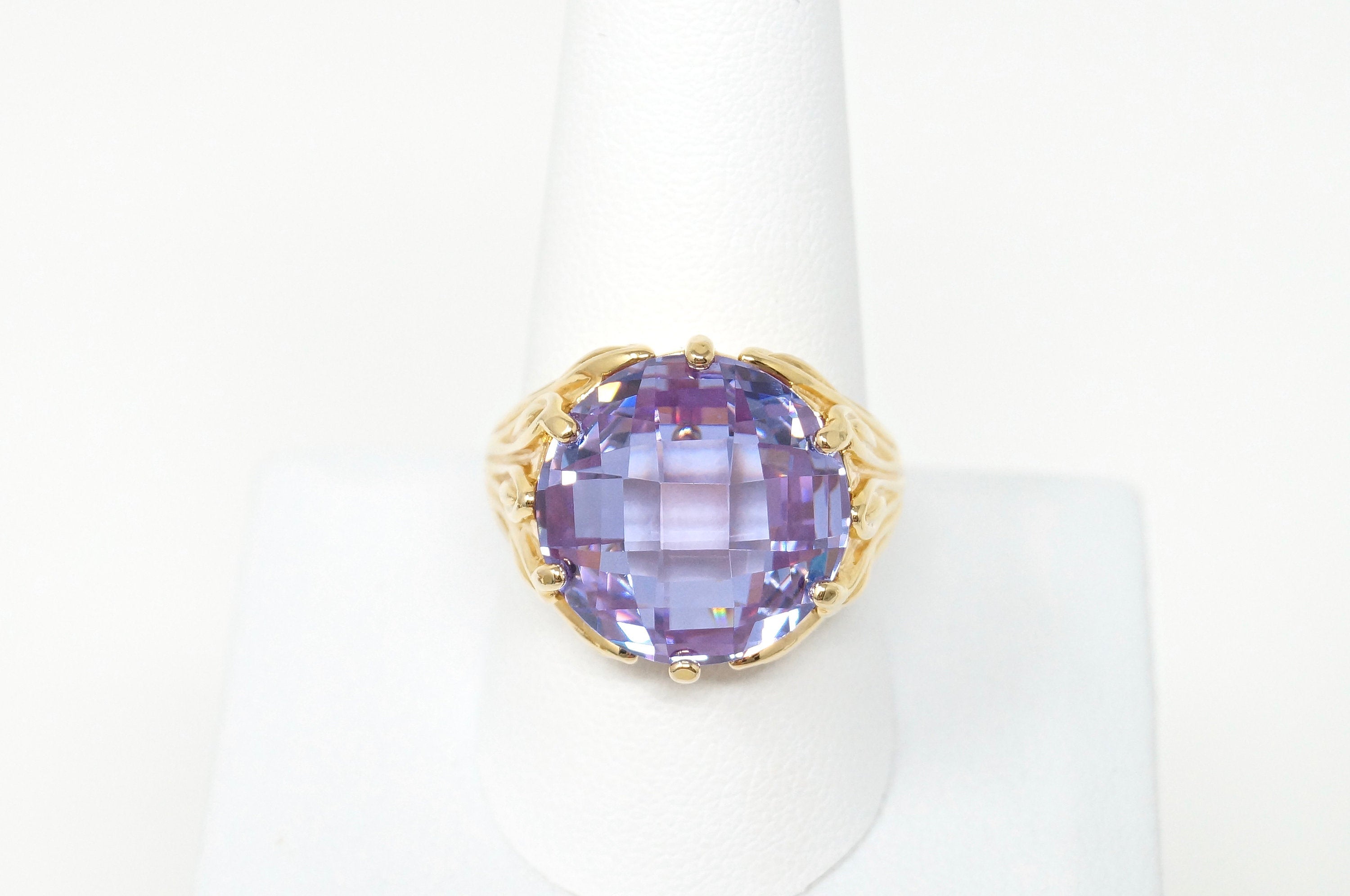 Vintage Art Deco Amethyst Purple CZ Gold Sterling Silver Statement Ring Size 10