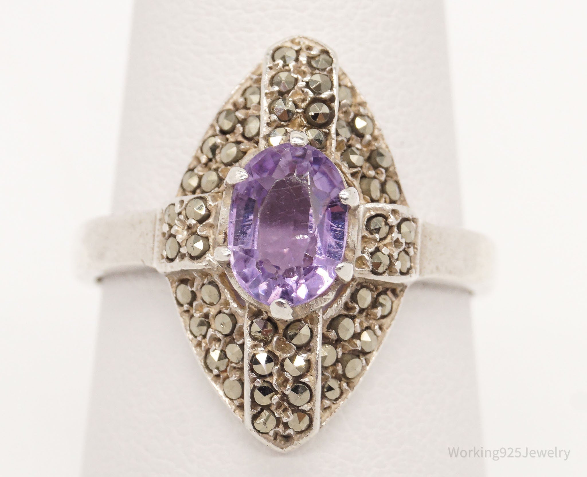 Vintage Amethyst Marcasite Sterling Silver Ring - Size 8