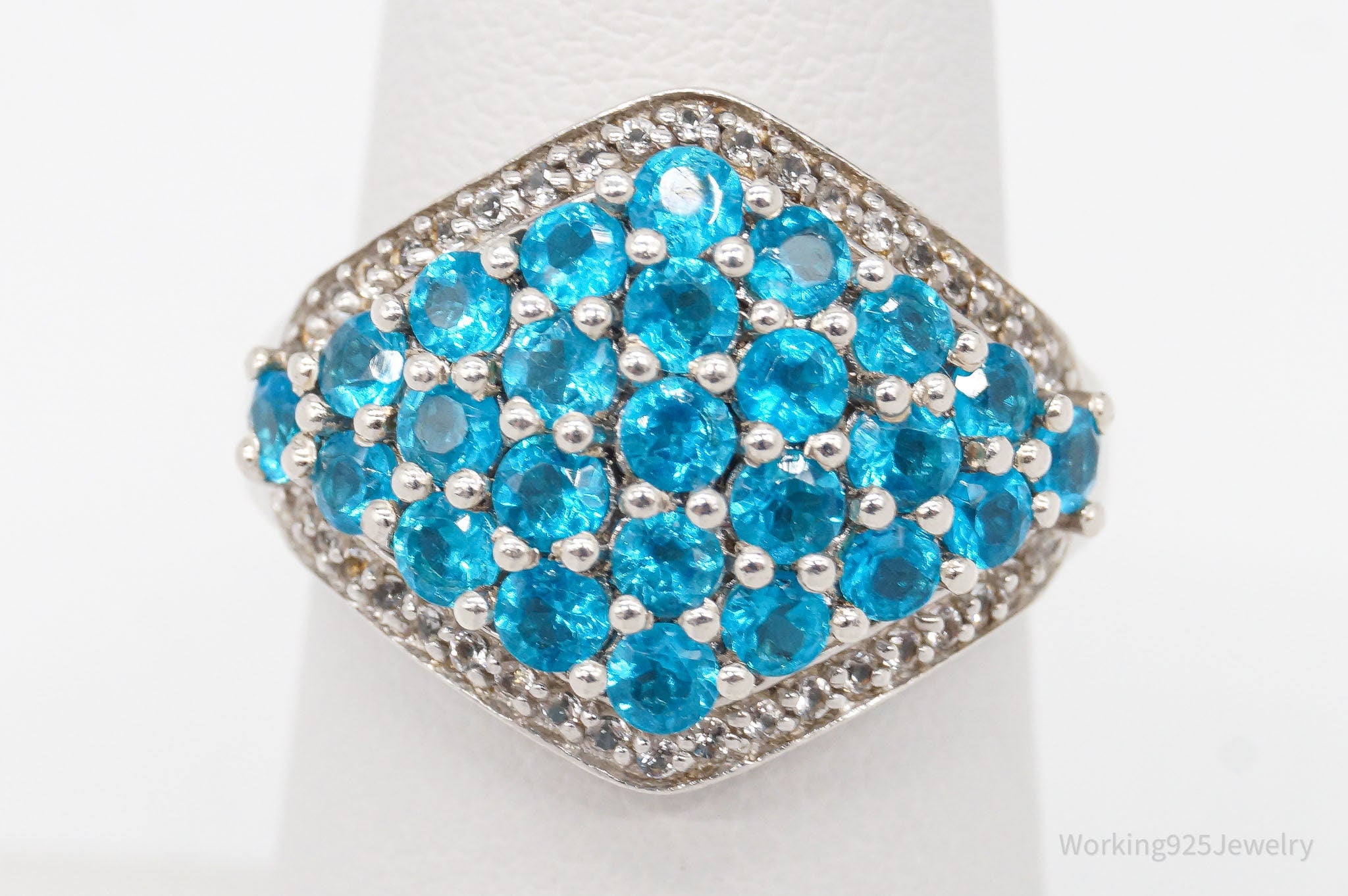 Vintage Blue & White Cubic Zirconia Sterling Silver Ring - Size 7