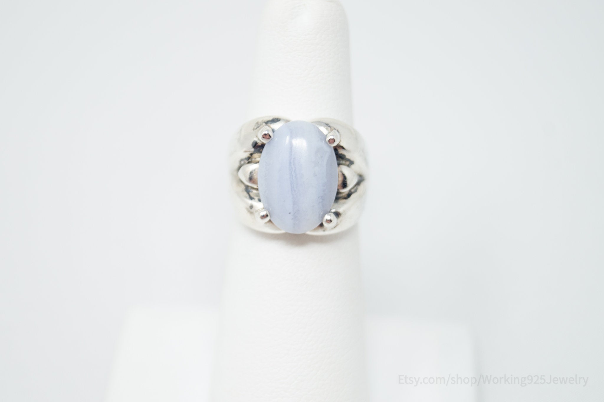 Vintage Designer Kabana Blue Lace Agate Western Sterling Silver Ring - Size 5