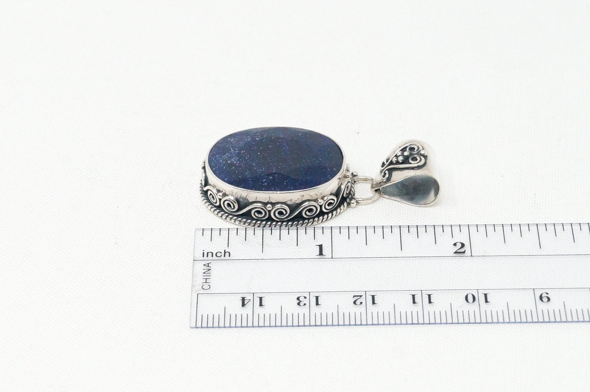 Vintage Designer BJC Lapis Lazuli Bali Scroll Sterling Silver Necklace Pendant