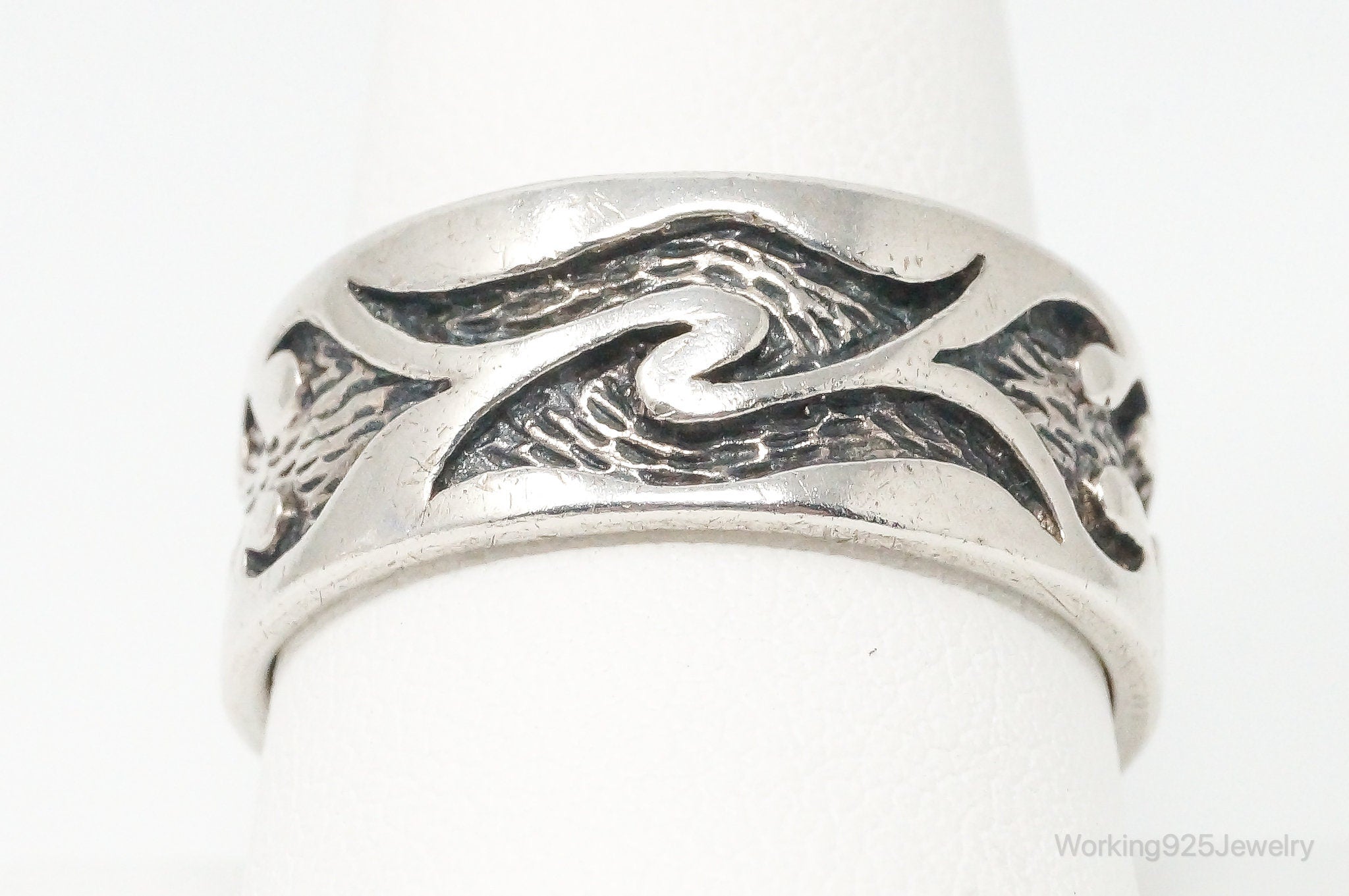 Vintage Fire Tribal Design Sterling Silver Band Ring - Size 11.75