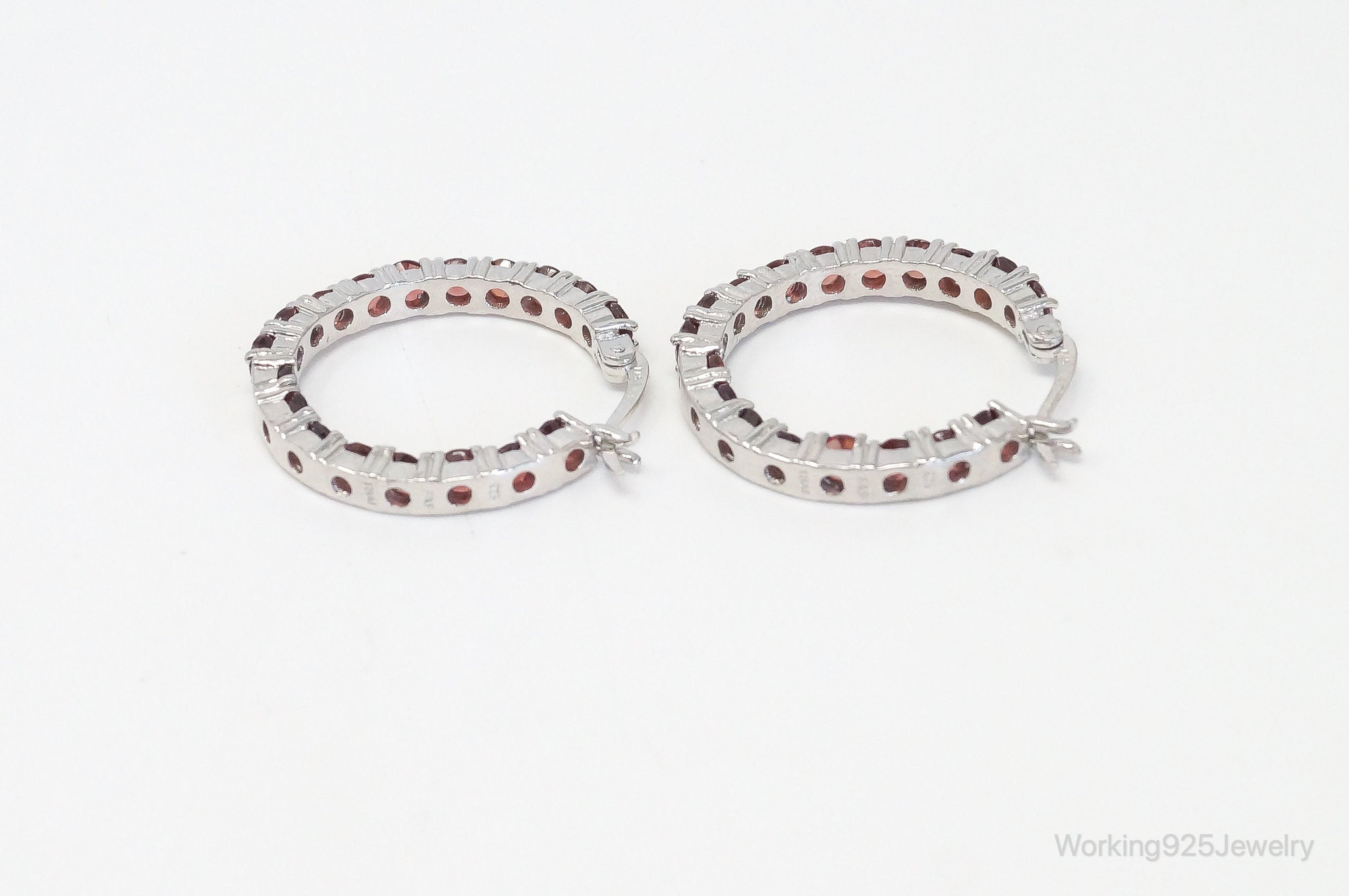 Vintage Garnet Sterling Silver Hoop Earrings