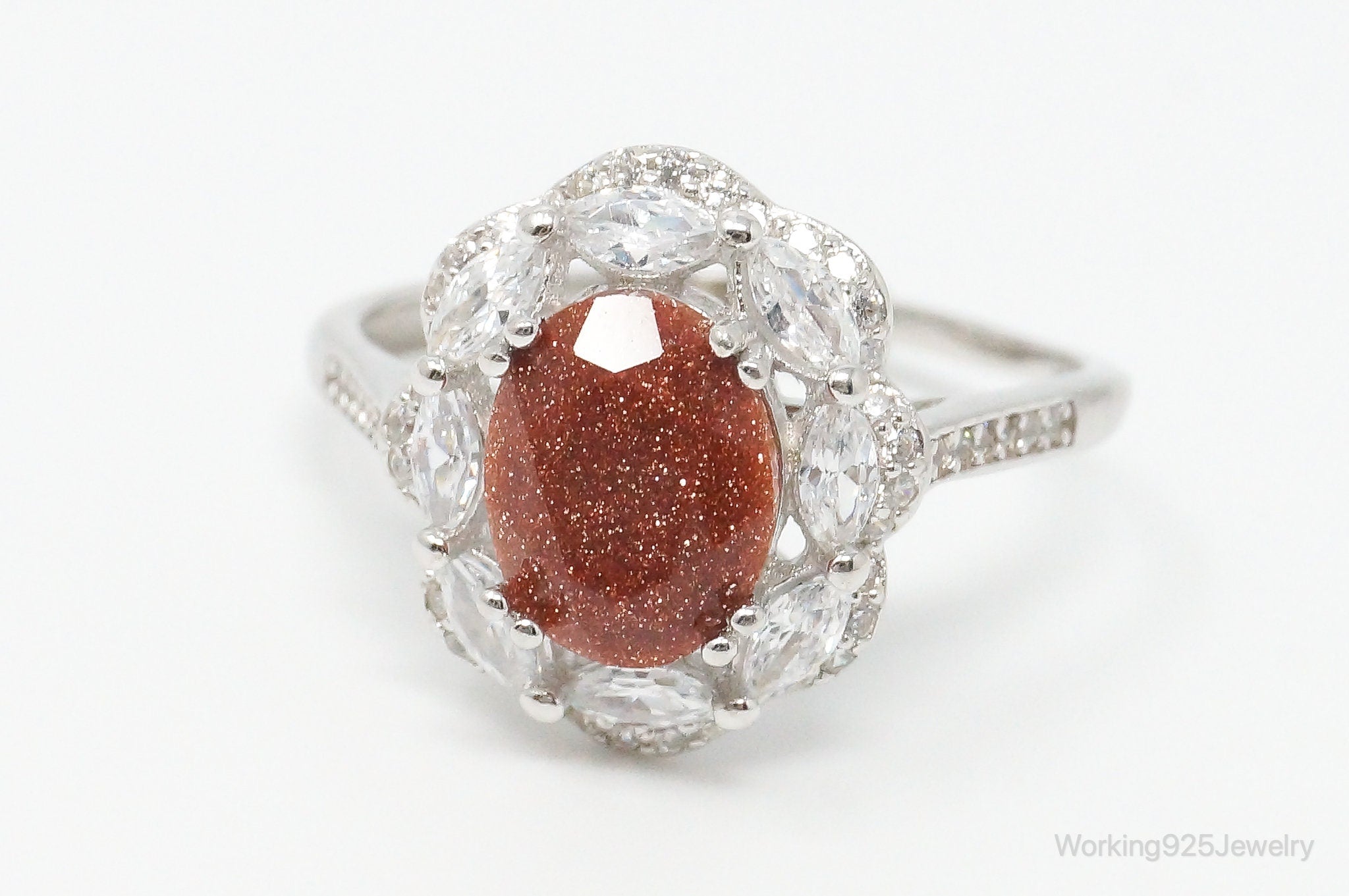 Goldstone Cubic Zirconia Flower Sterling Silver Ring - Size 8.75 Adjustable