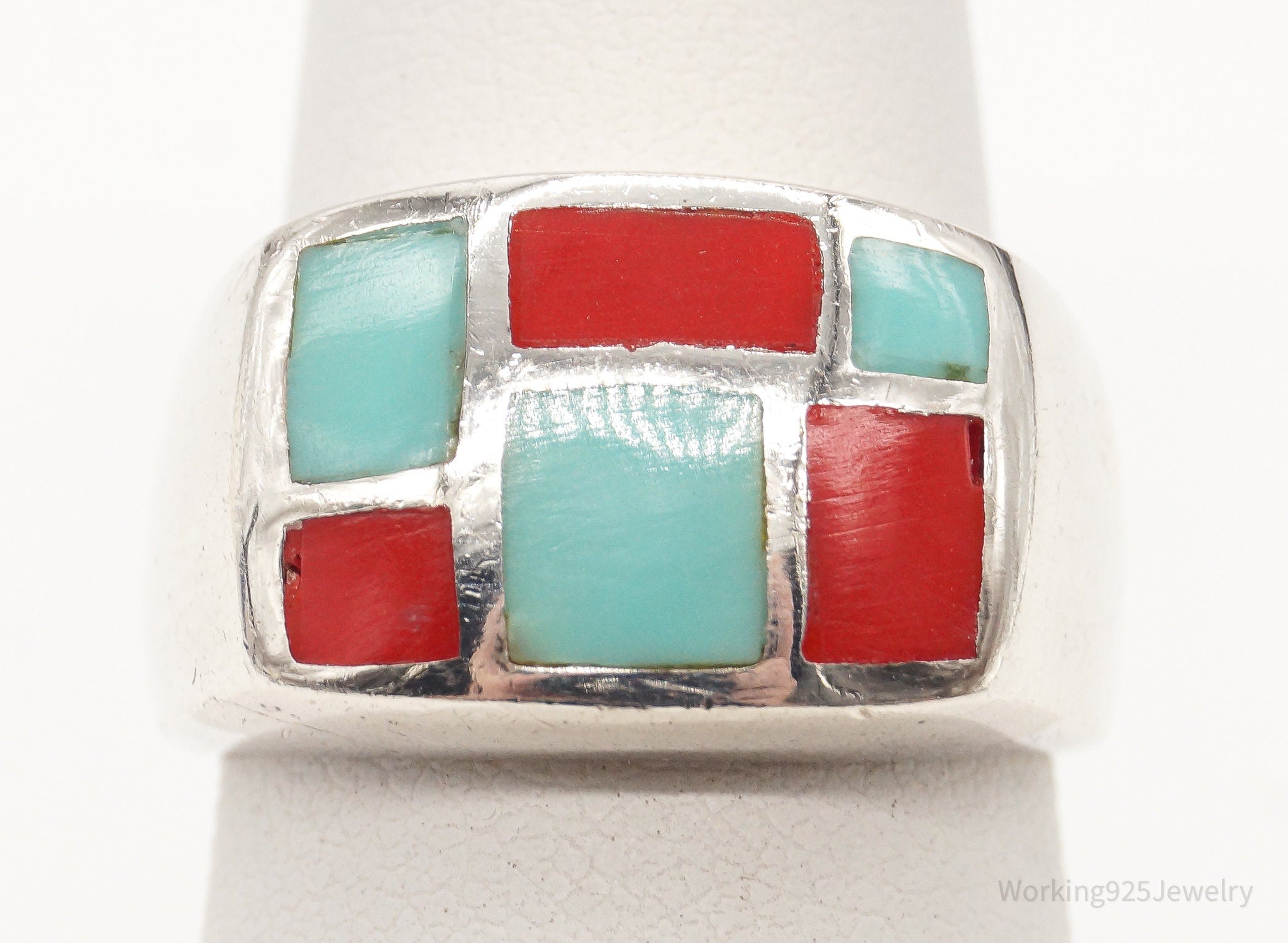 Vintage Coral Turquoise Sterling Silver Ring Size 6.5