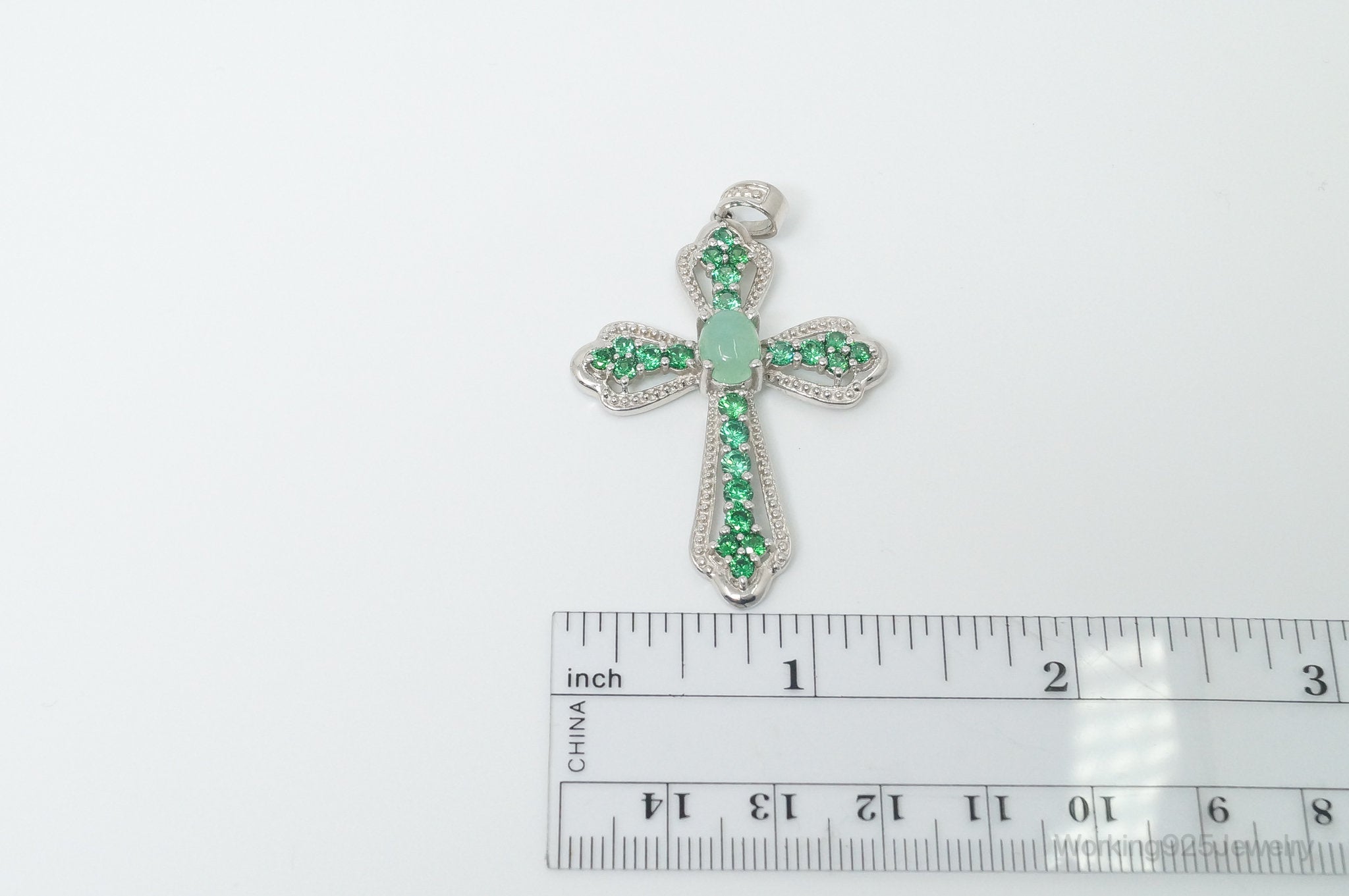 Vintage Green Chalcedony Green Cubic Zirconia Cross Sterling Silver Pendant