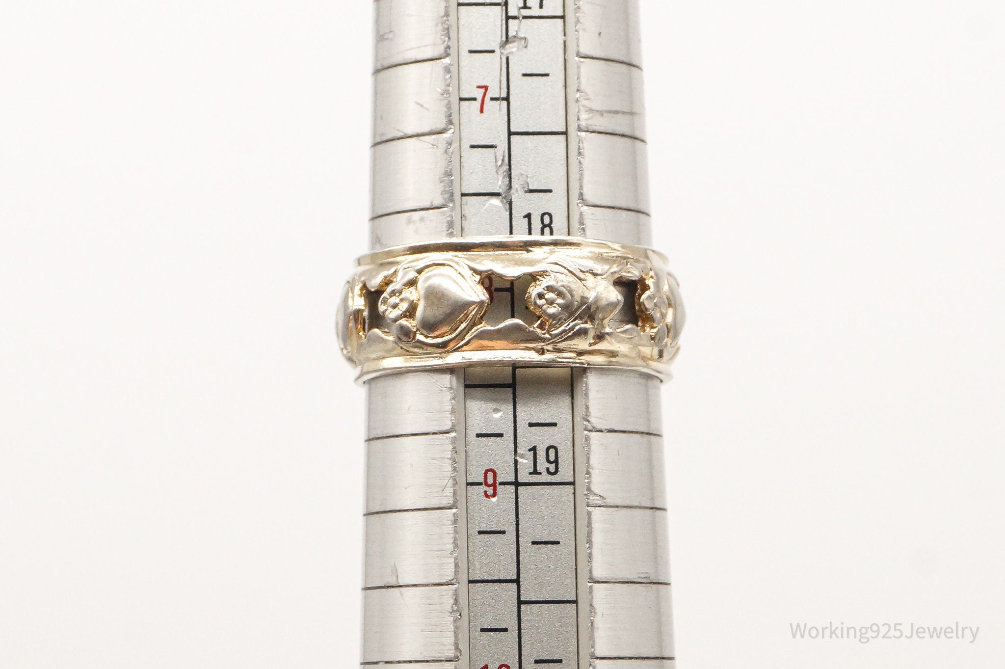 Antique Flowered Hearts Gold Wash Sterling Silver Band Ring - Size 8.25