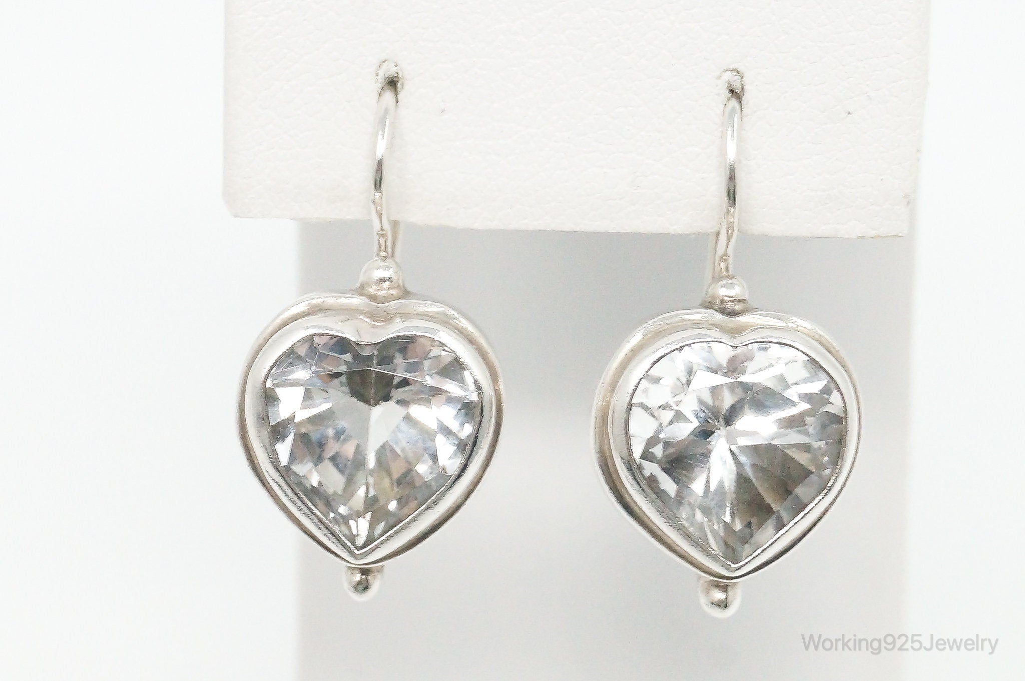 Vintage Large Cubic Zirconia Heart Sterling Silver Earrings