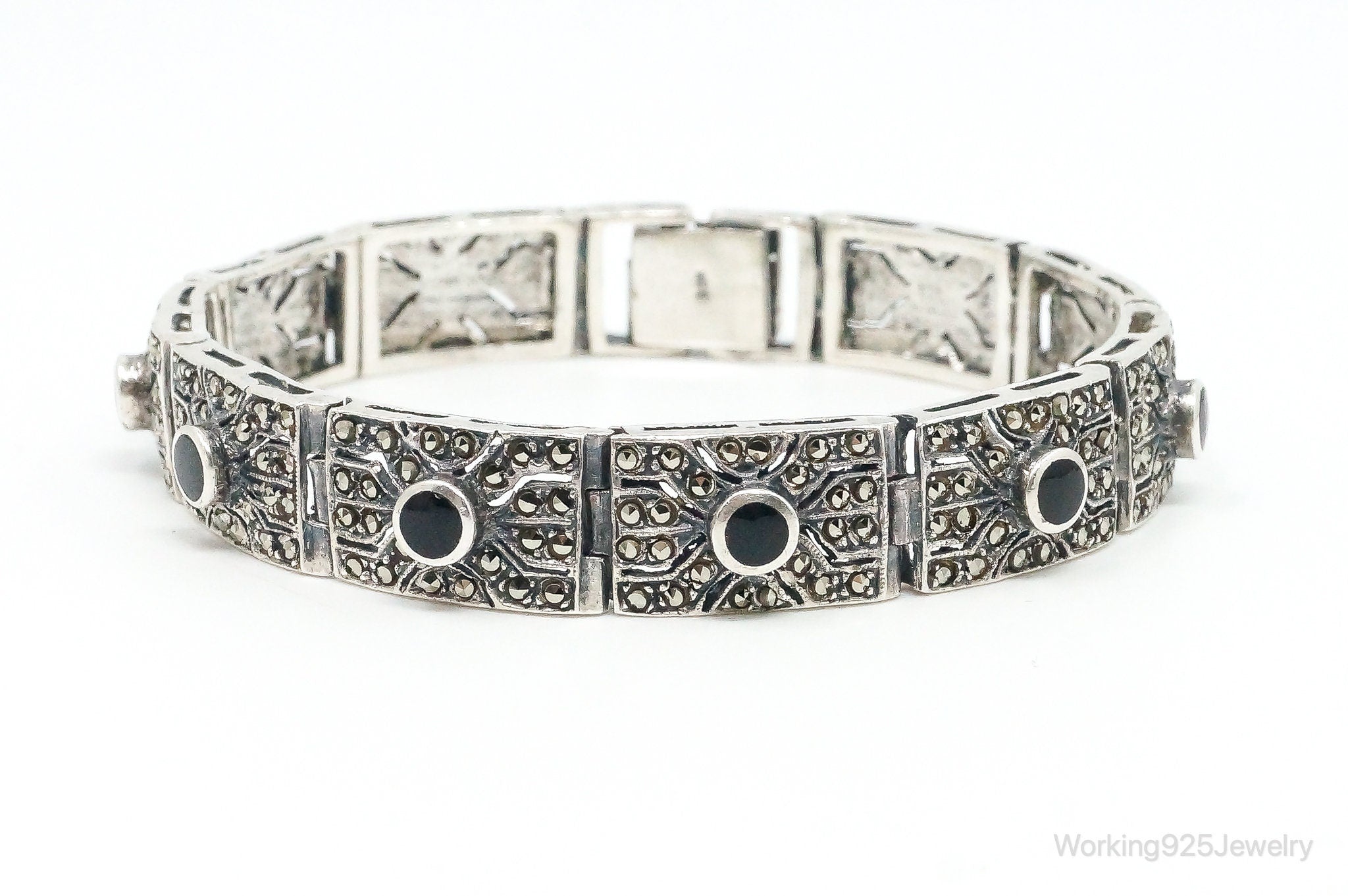 Vintage Art Deco Black Onyx Marcasite Sterling Silver Bracelet