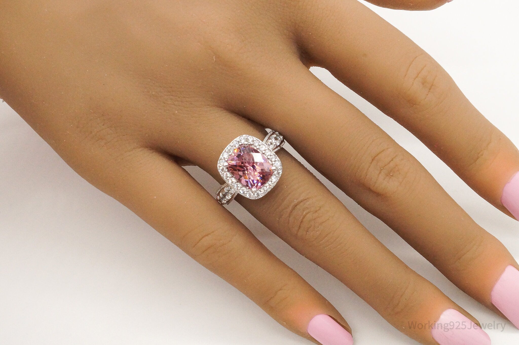 Designer Pink & White Cubic Zirconia Sterling Silver Ring - Size 7