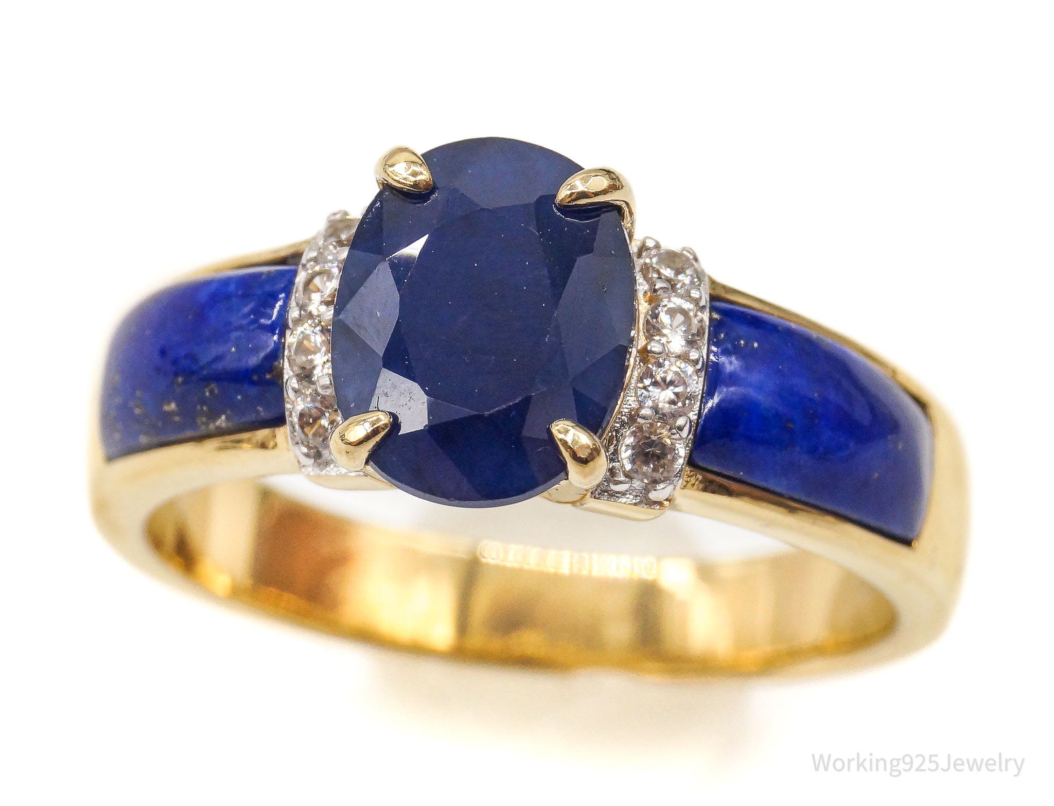 BBJ Sapphire Lapis Lazuli CZ 18K Yellow Gold Over Sterling Silver Ring - Sz 8.75