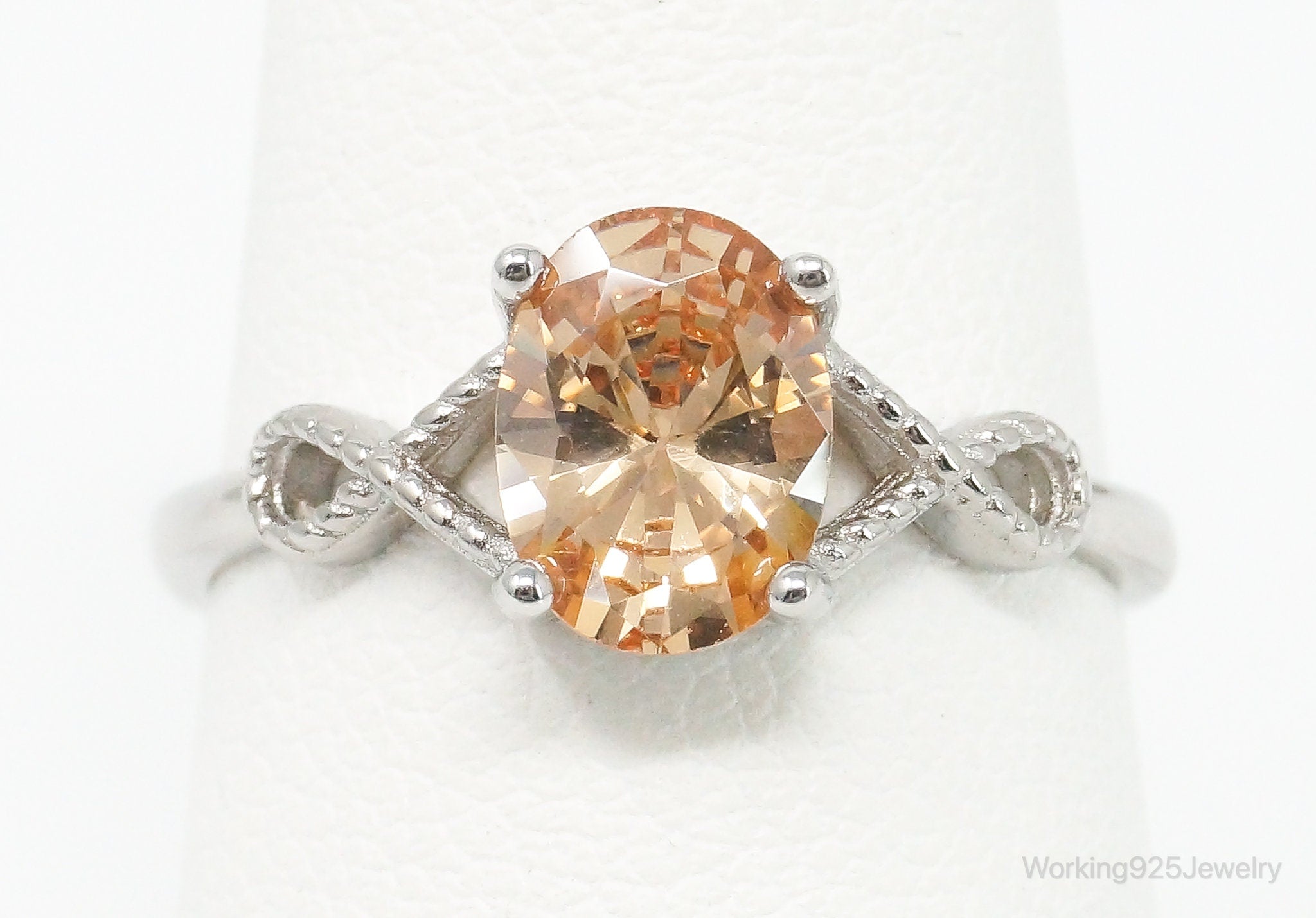 Orange Cubic Zirconia Sterling Silver Ring - Size 7 Adjustable