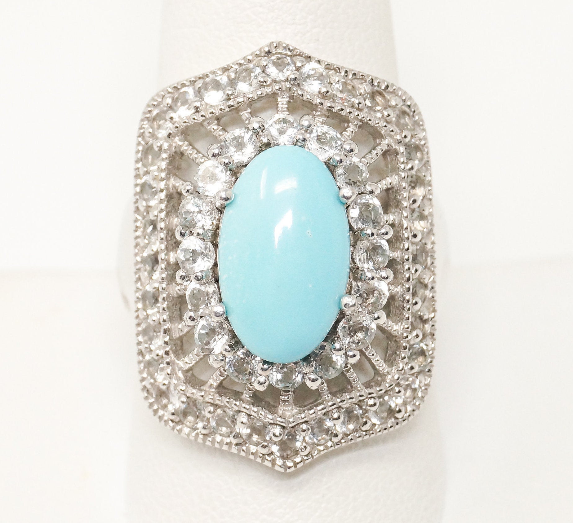 Vintage Designer SX Large Turquoise CZ Sterling Silver Ring - Size 9.75