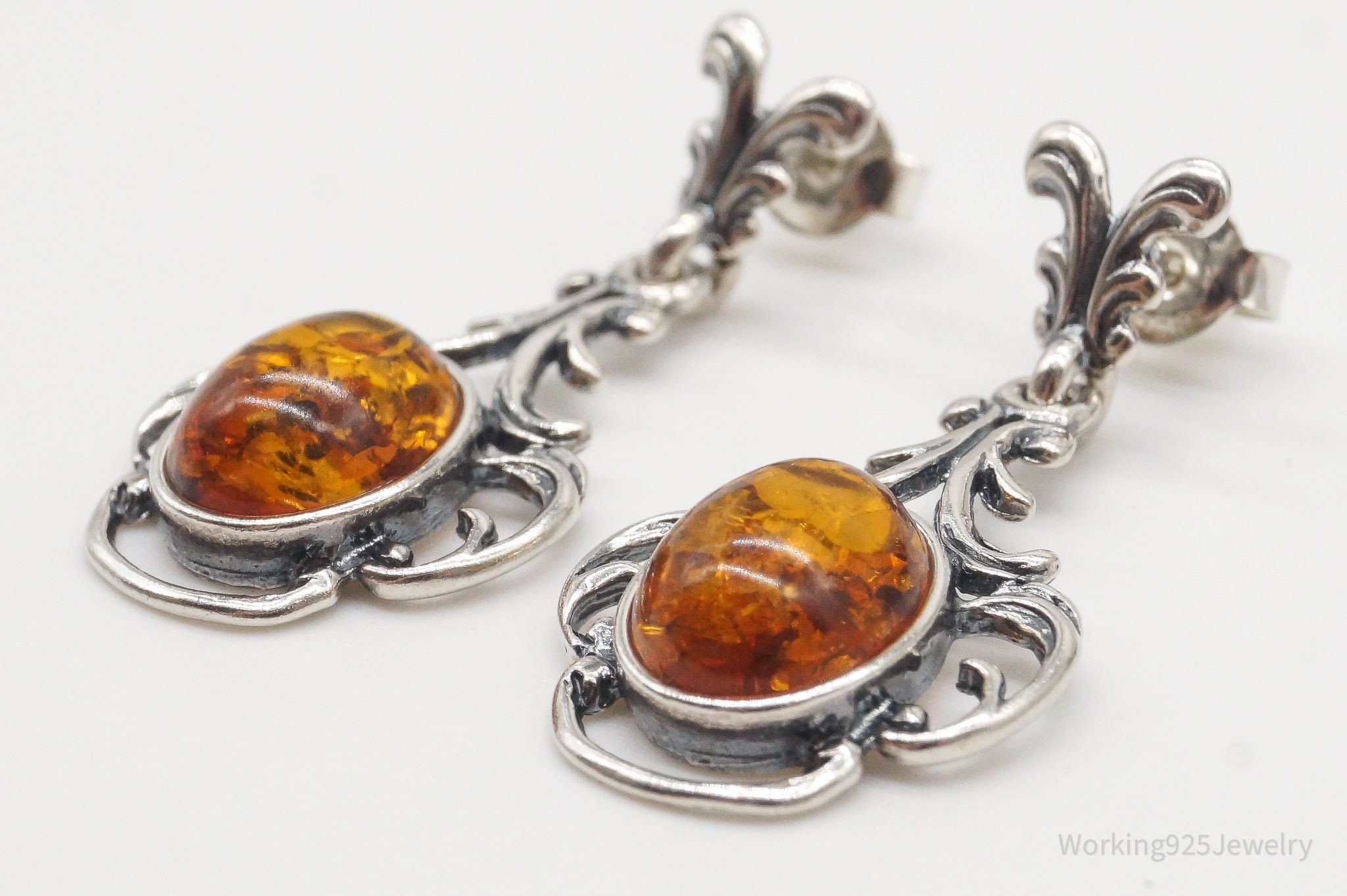 Vintage Amber Modernist Sterling Silver Earrings