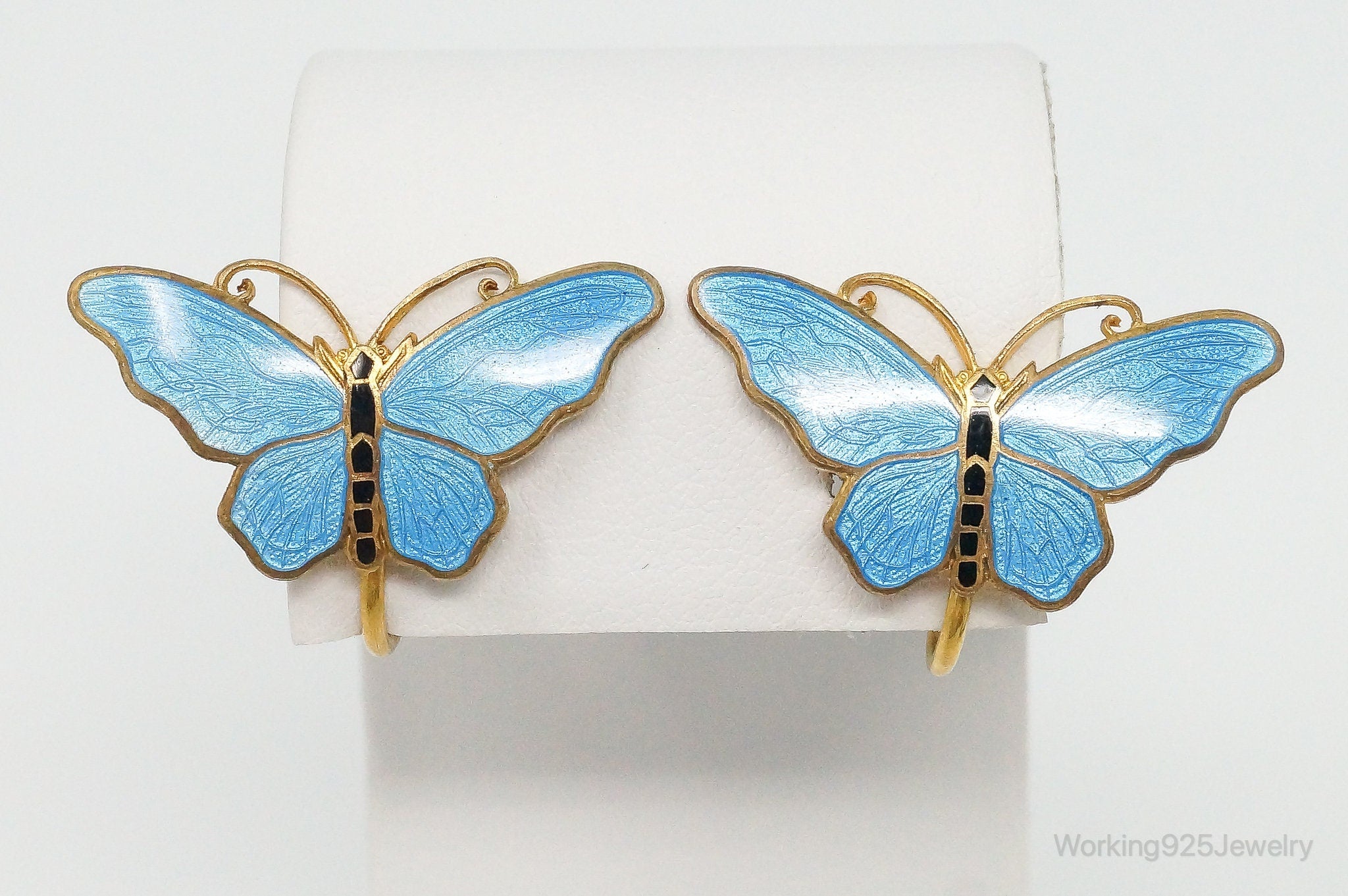 Vintage Blue Enamel Butterflies Gold Vermeil Silver Screw Back Earrings