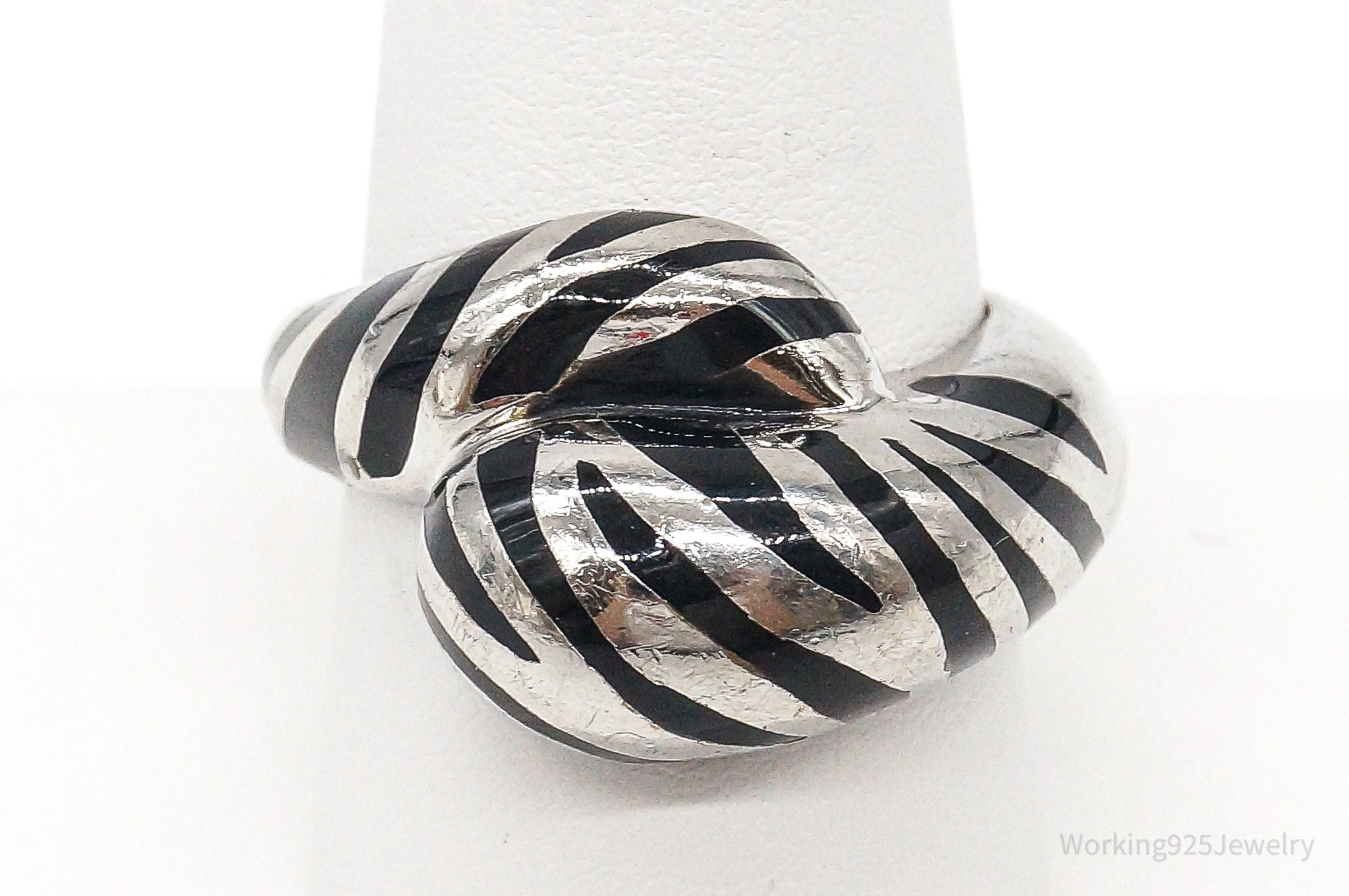 Vintage Black Enamel Zebra Stripes Design Sterling Silver Ring - Size 9