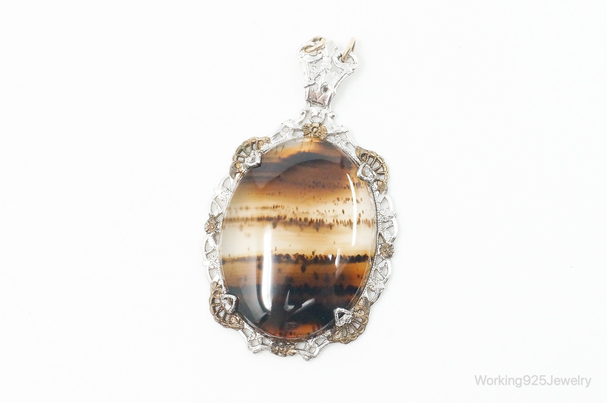 Antique Large Montana Agate Sterling Silver Necklace Pendant