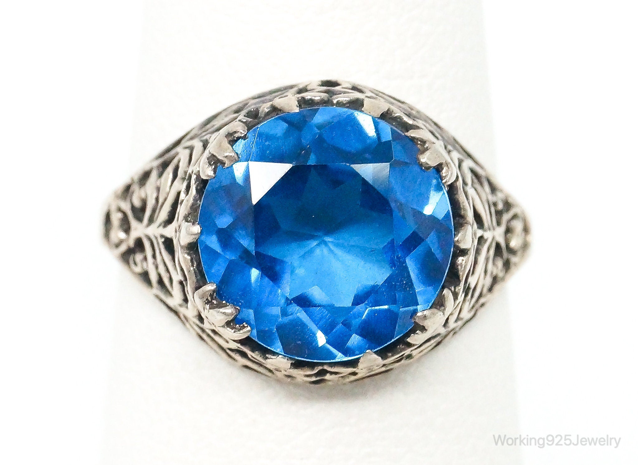 Antique Bright Blue Glass Round Solitaire Sterling Silver Ring Size 5.75