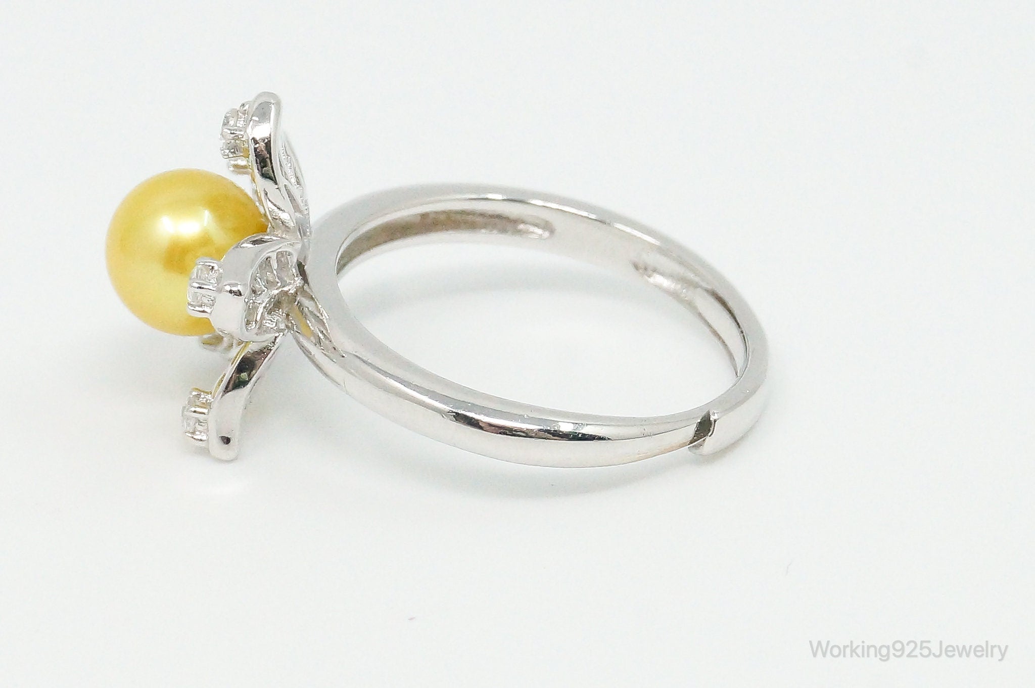 Faux Yellow Pearl Cubic Zirconia Flower Sterling Silver Ring SZ 5.75 Adjustable