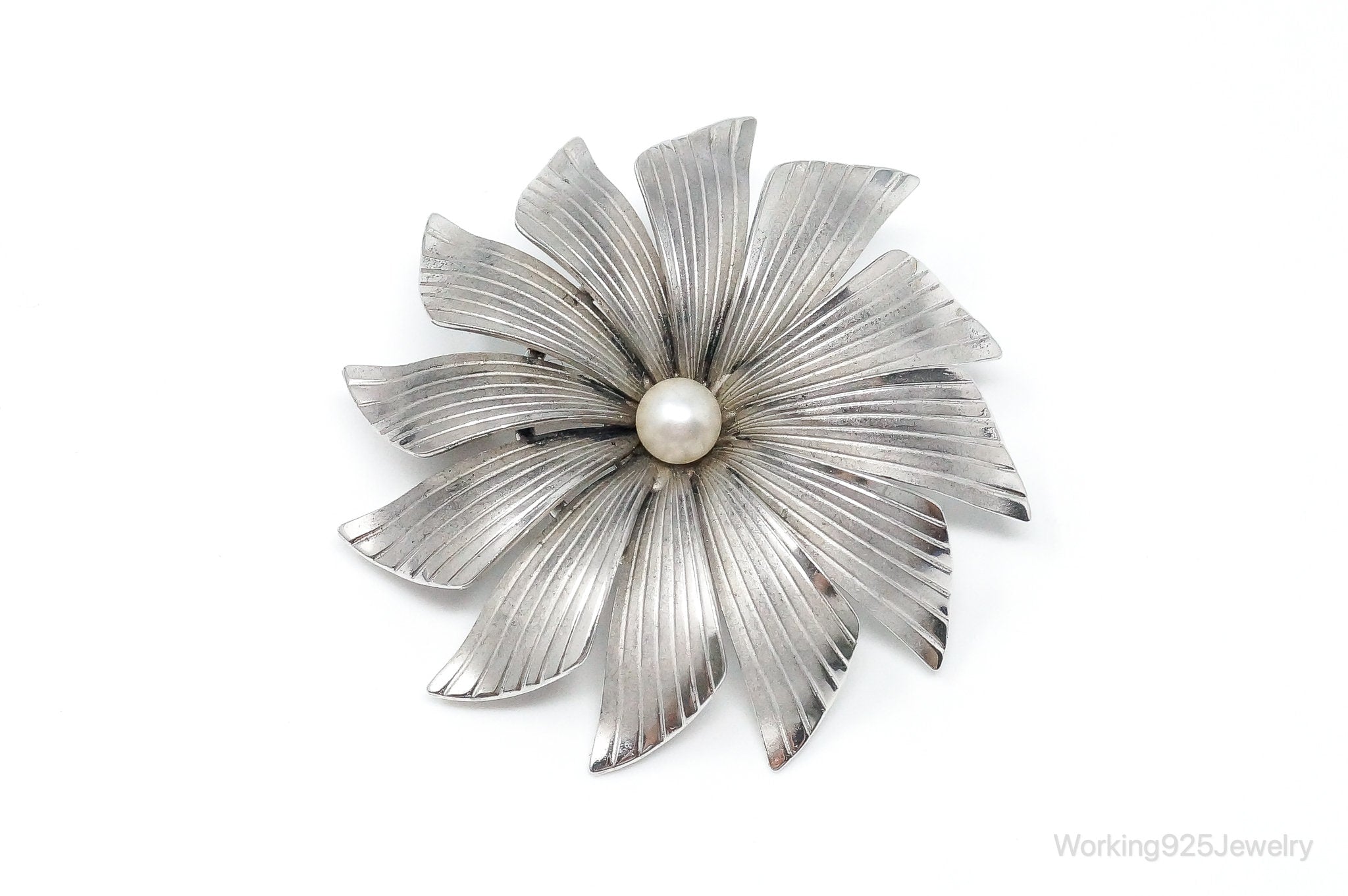 Vintage Designer Carl-Art Pearl Flower Sterling Silver Brooch Pin