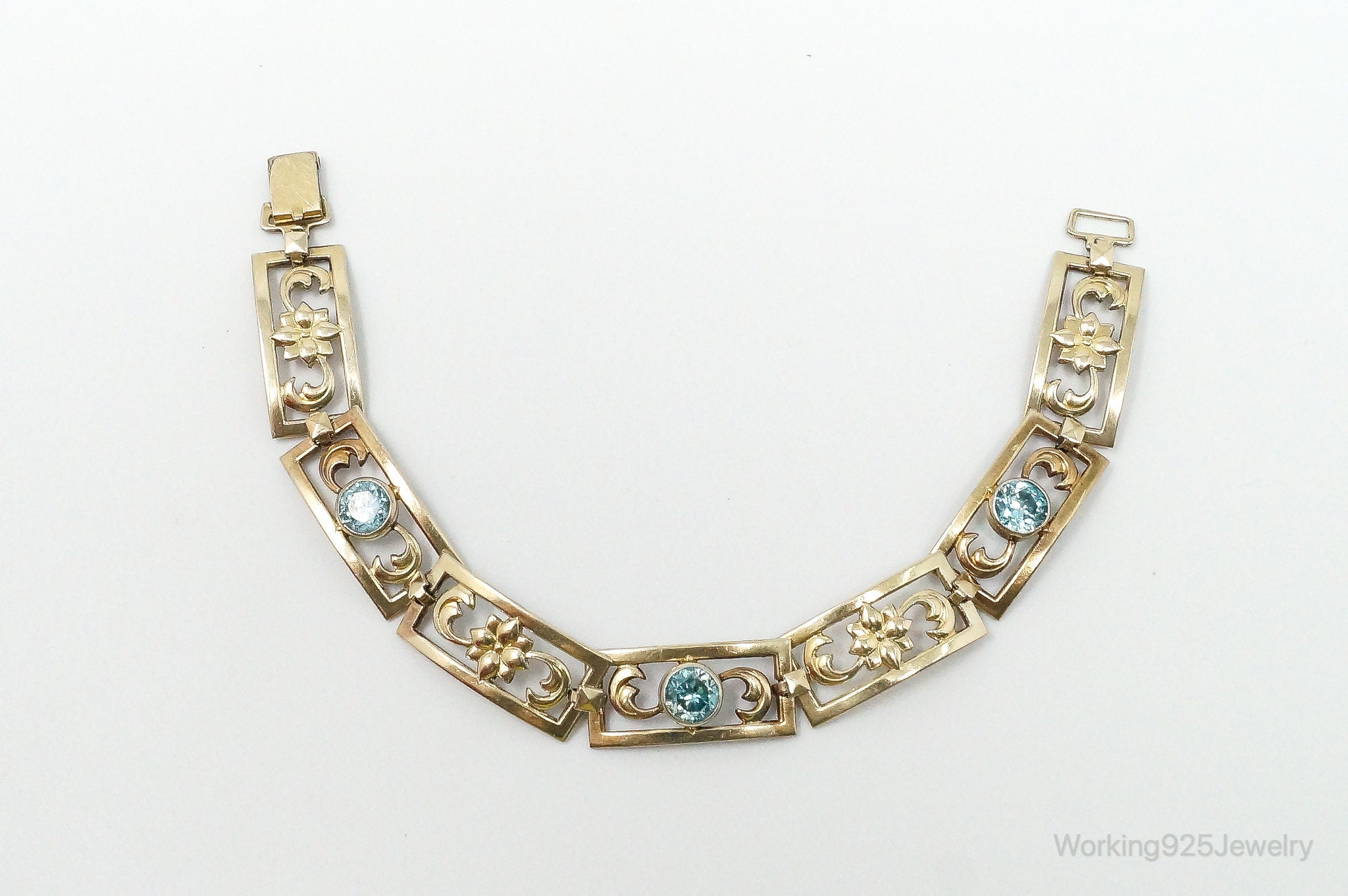 Vintage Designer Symmetalic 14K Gold Blue Topaz Art Deco SterlingSilver Bracelet