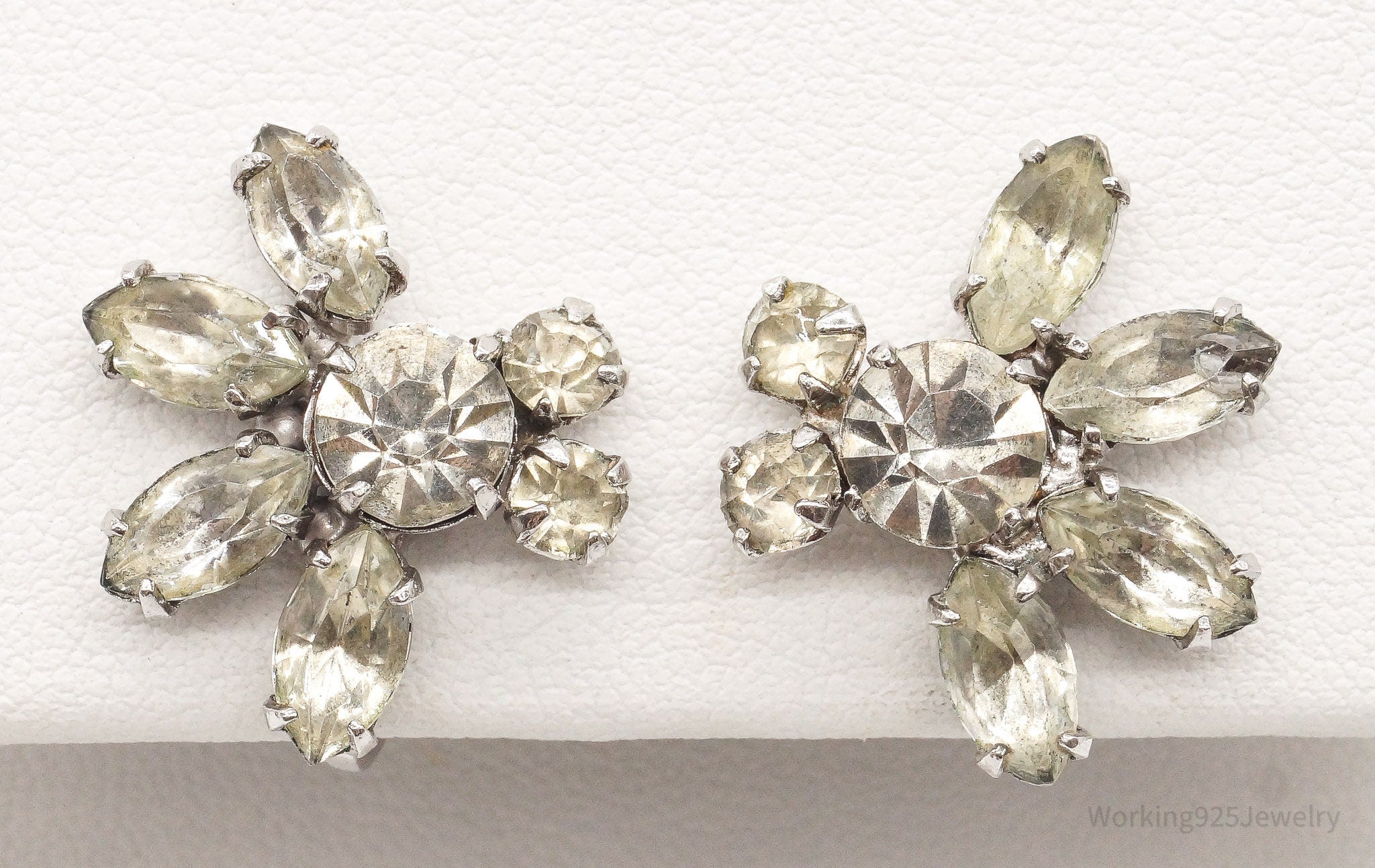 Vintage 1940s Art Deco Rhinestone Sterling Silver Screw Back Earrings