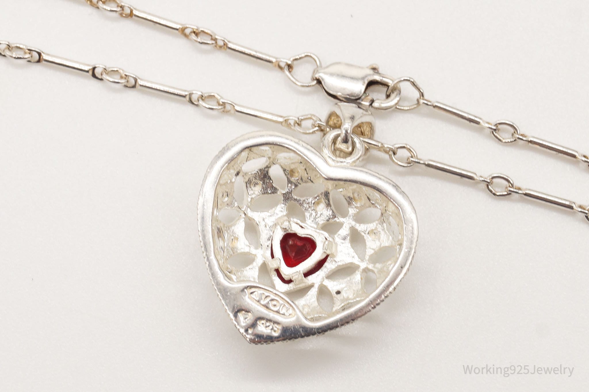 Vintage Avon Garnet Heart Sterling Silver Necklace