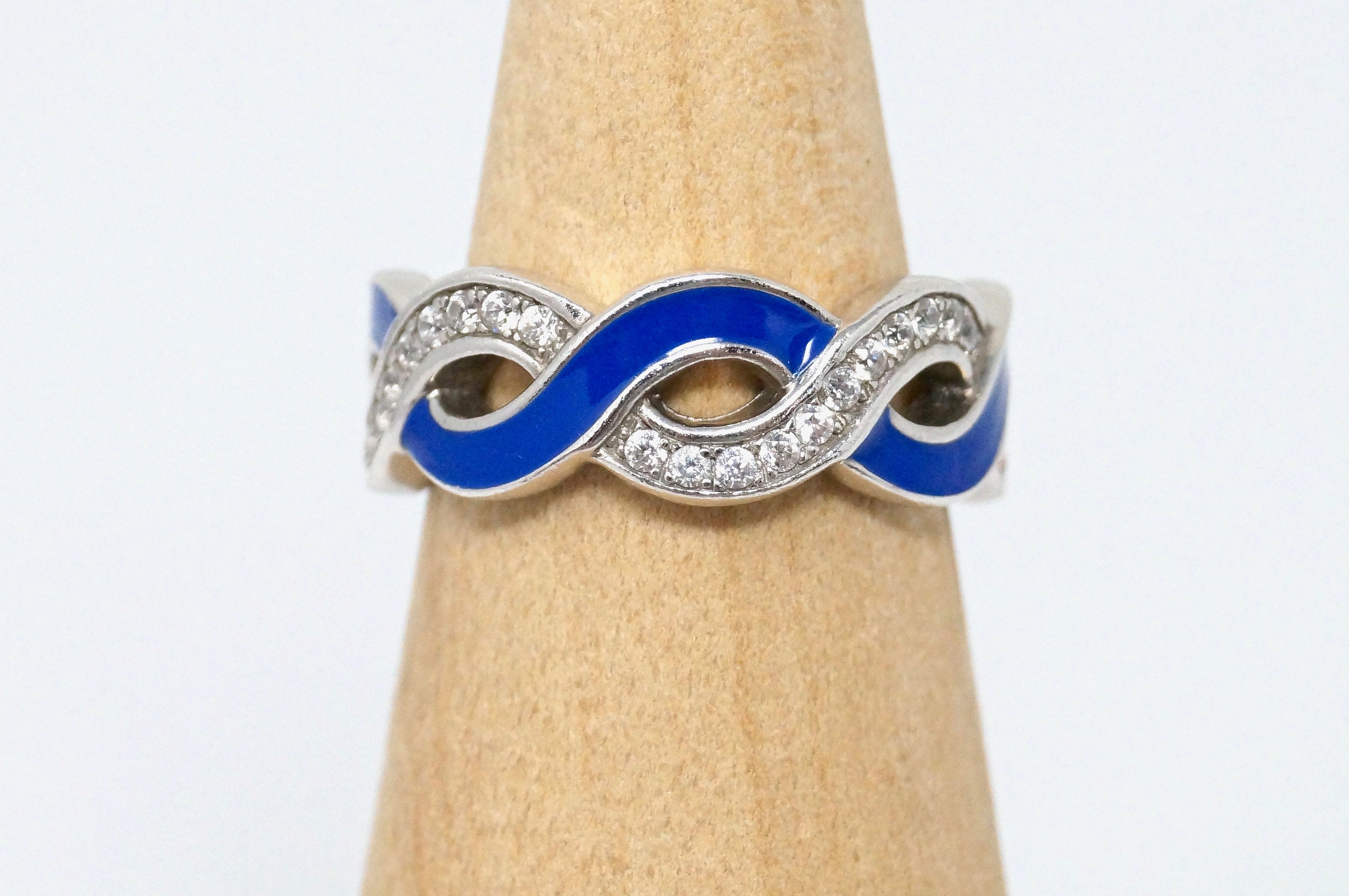 Designer Vintage Blue Enamel CZ Accented Sterling Silver Wave Ring - Size 5