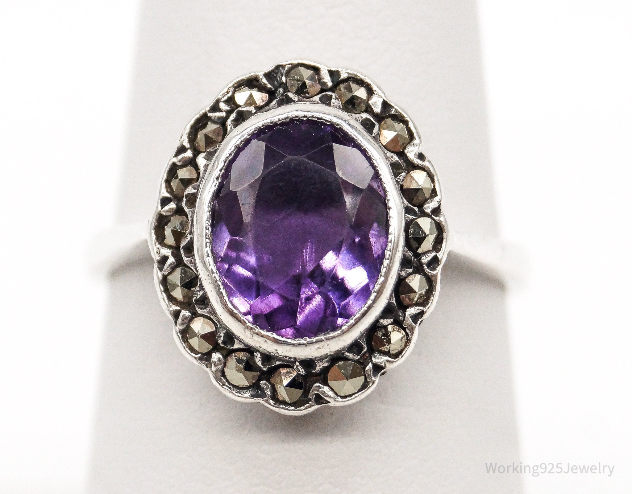 Vintage Art Deco Amethyst Marcasite Sterling Silver Ring - Size 6.5