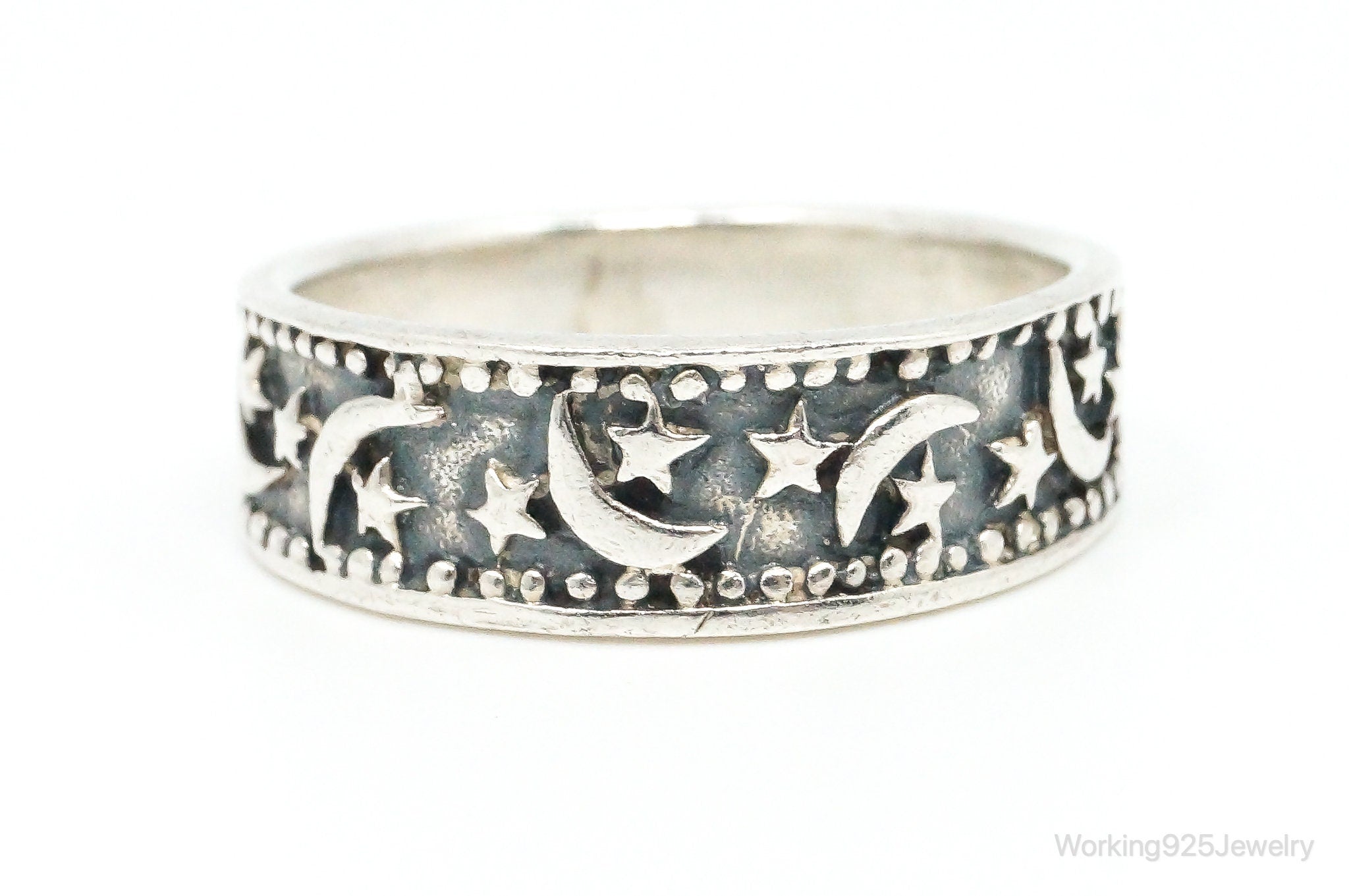 Vintage Cosmic Stars & Moon Sterling Silver Band Ring Size 8.5