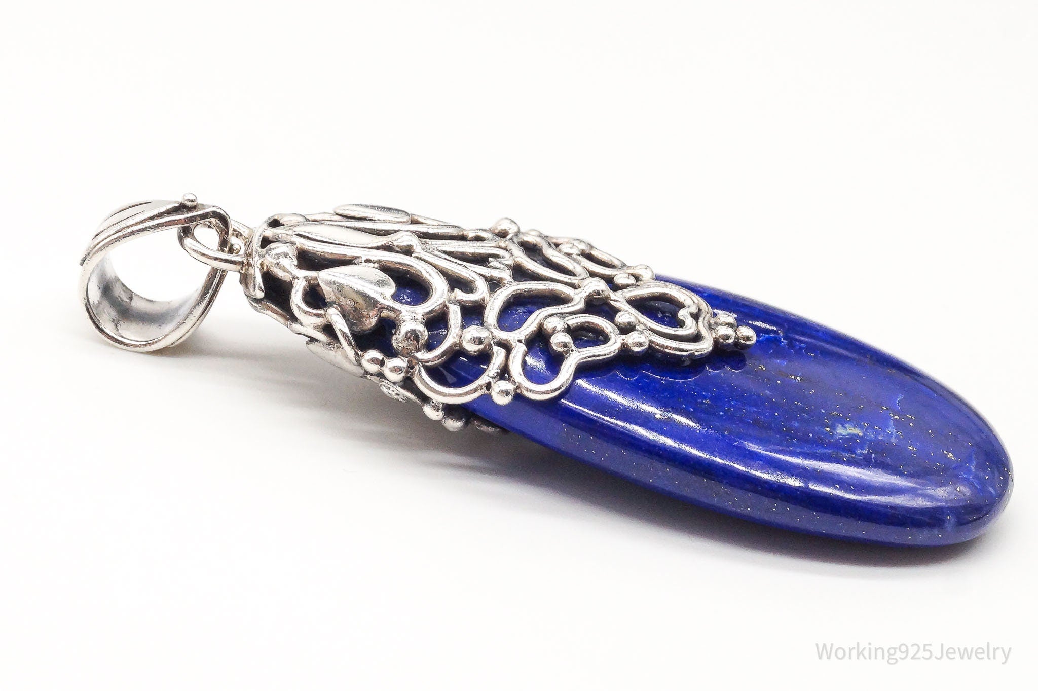 Large India Designer Doug Paulus Lapis Lazuli Ornate Sterling Silver Pendant