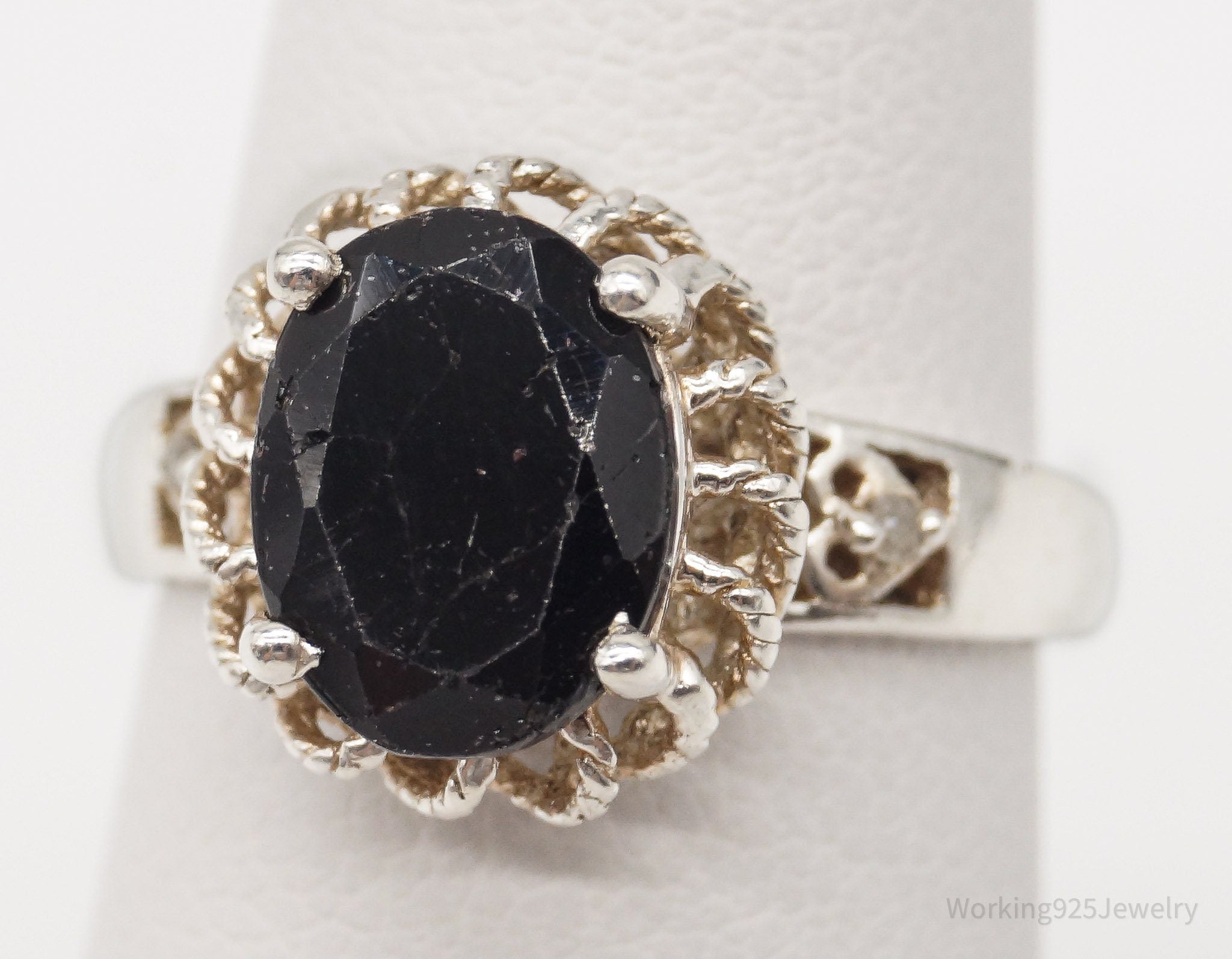 Vintage Black Onyx Diamond Sterling Silver Ring - Size 5