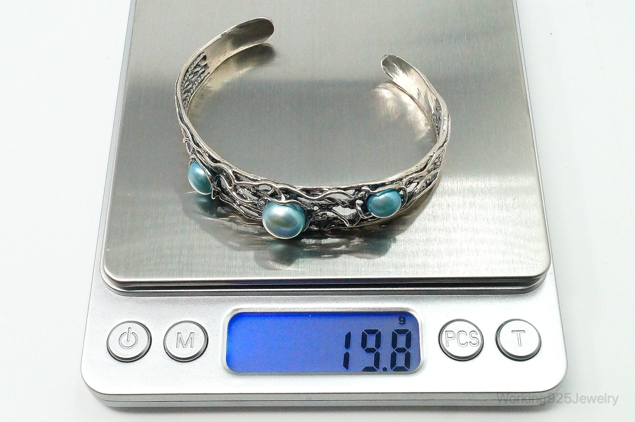 Vintage Designer Didae Blue Pearl Sterling Silver Cuff Bracelet