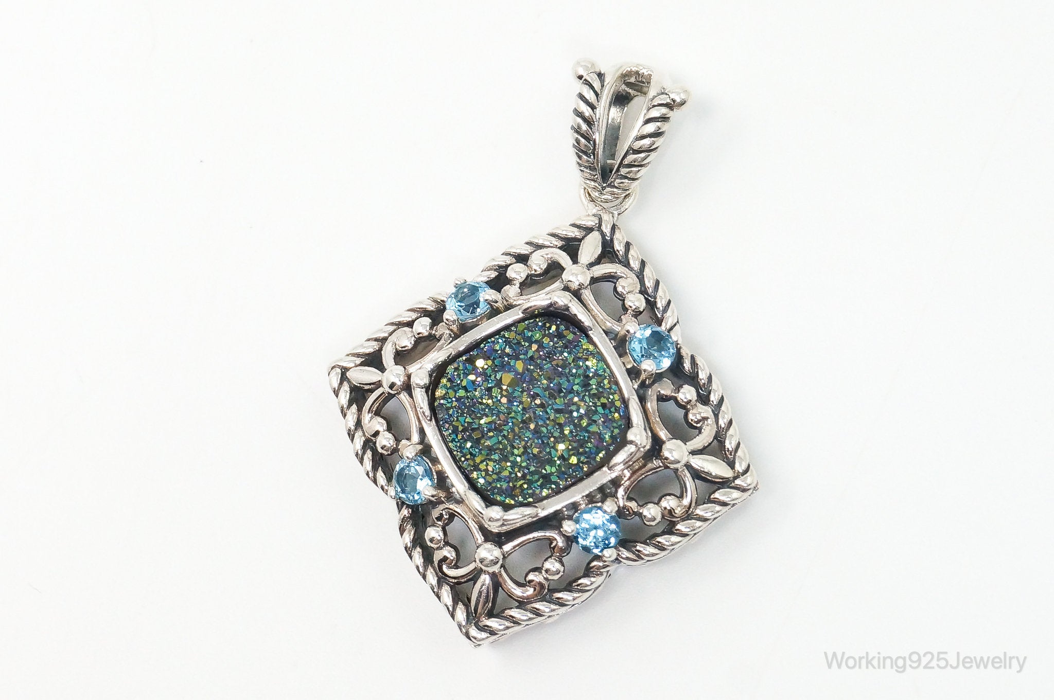 Vintage Druzy Quartz Blue Topaz Sterling Silver Necklace Pendant