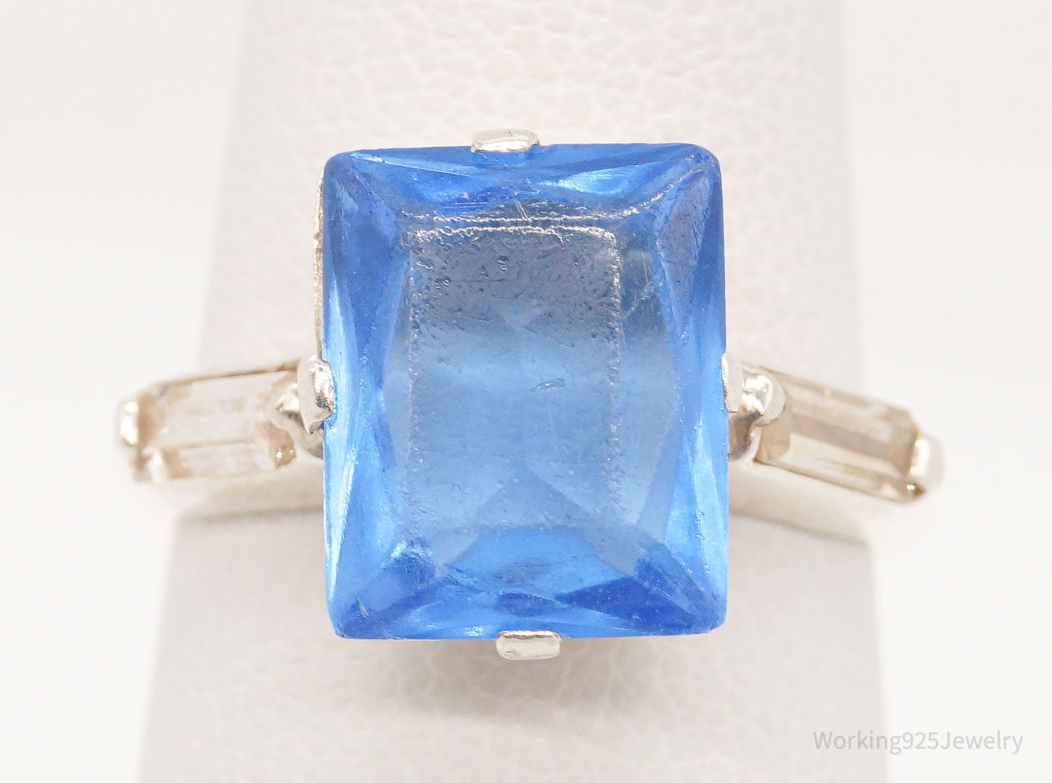 Antique Designer Uncas Blue Glass Sterling Silver Ring - Size 4.5