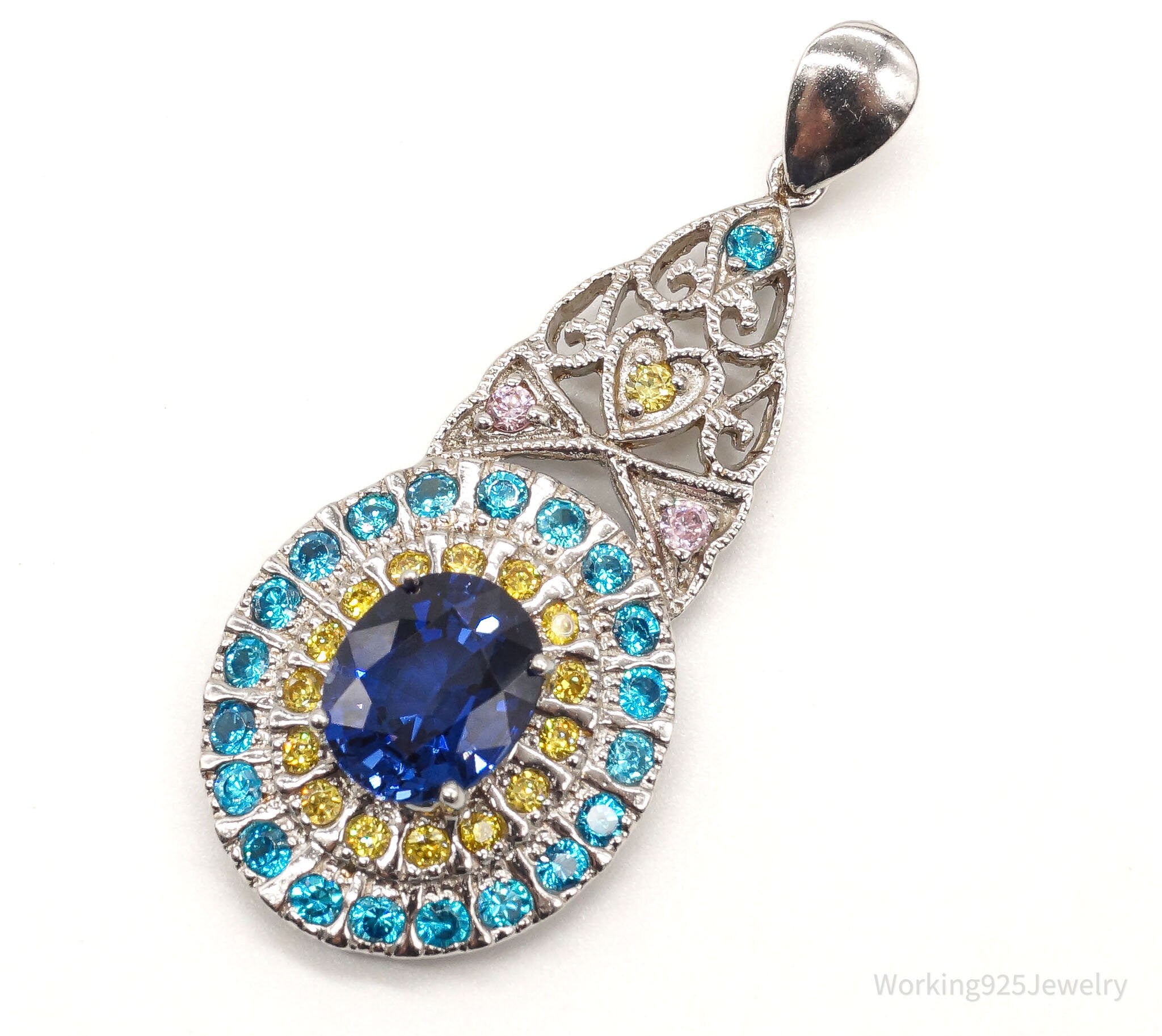 Large Lab Sapphire Multi Color CZ Rhodium Over Sterling Silver Pendant