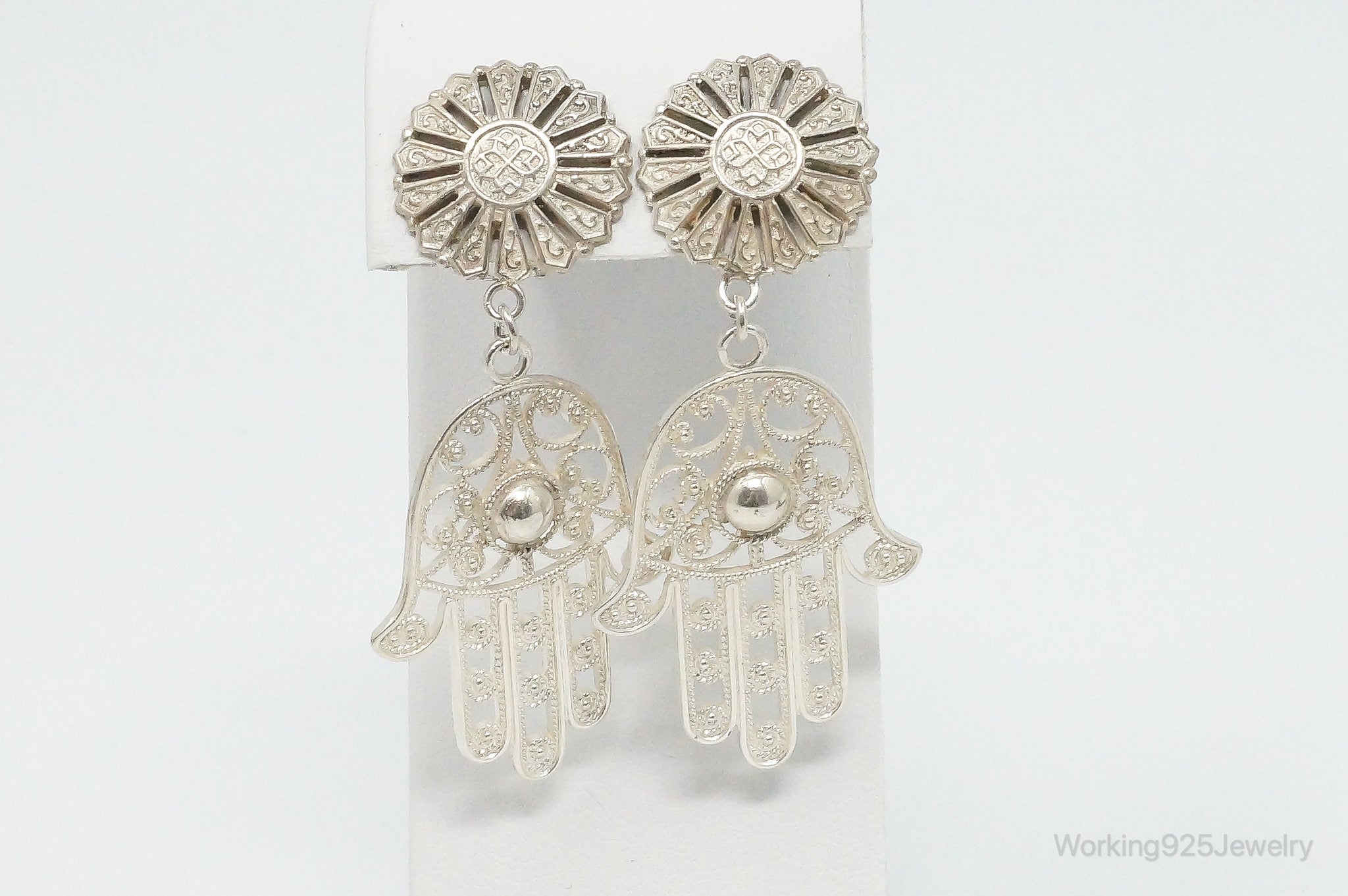 Large Vintage Hamsa Hands Sterling Silver Earrings